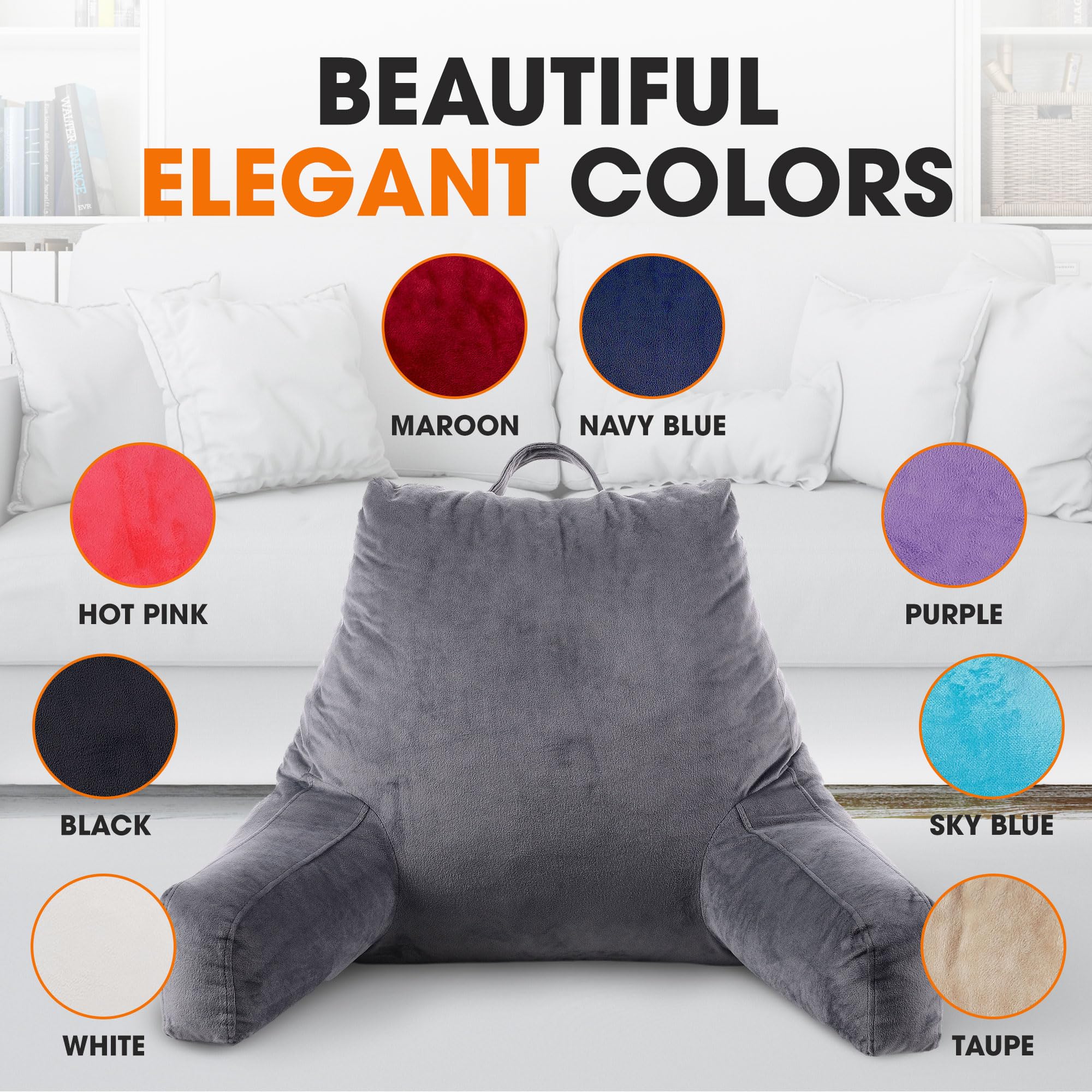 Cheer Collection Reading Pillow with Arms - Portable Bed Pillow for Sitting Up & Back Support | Hollow Fiber-Filled Backrest for Bed, Couch & Floor | Machine Washable Gray Pillow | Perfect for Reading, Watching TV & Relaxing