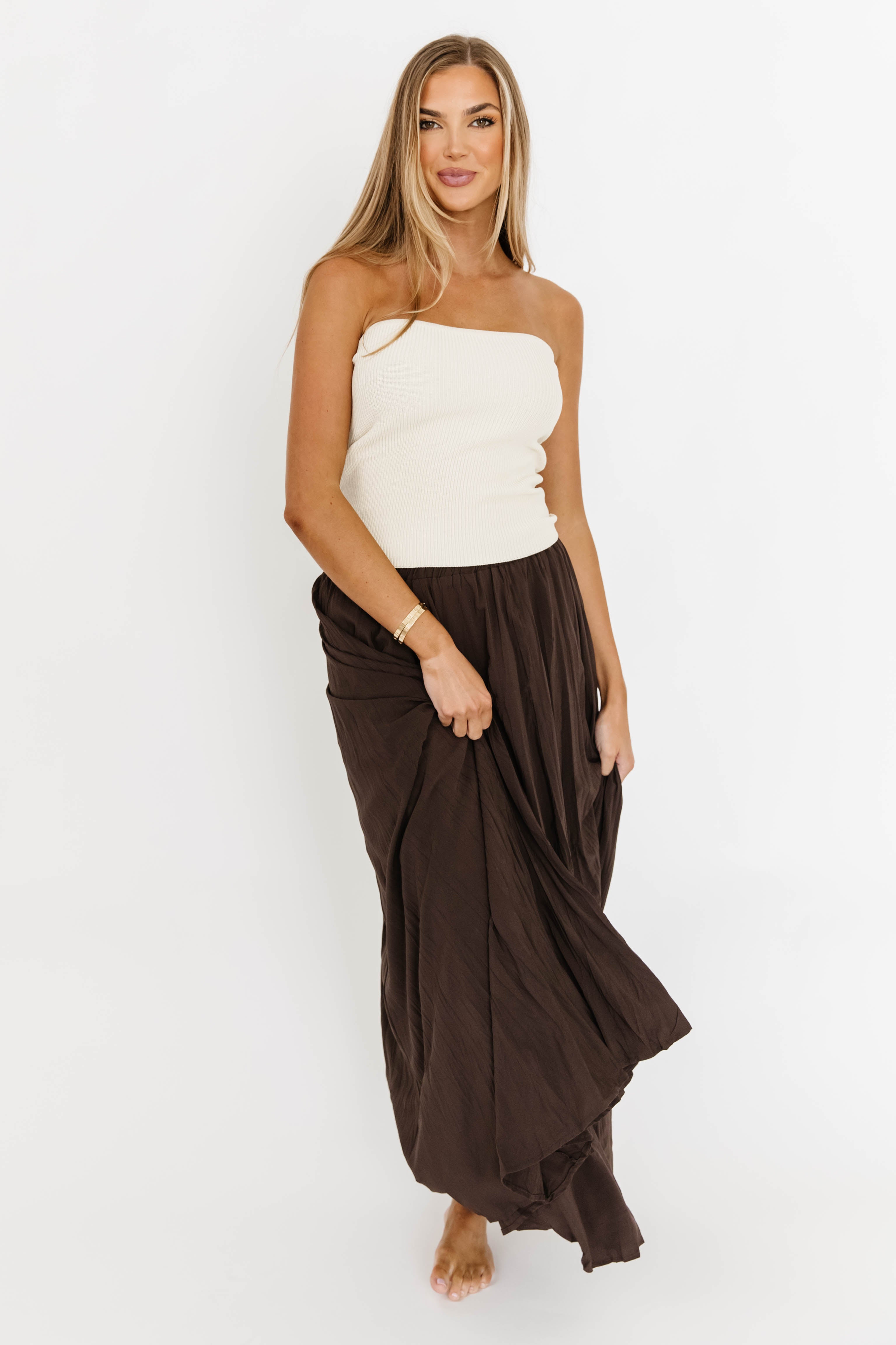 Apolline Crinkle Maxi Skirt in Dark Brown - Flowy Boho Long Skirt for Women | Perfect for Beach, Vacation & Summer Outfits