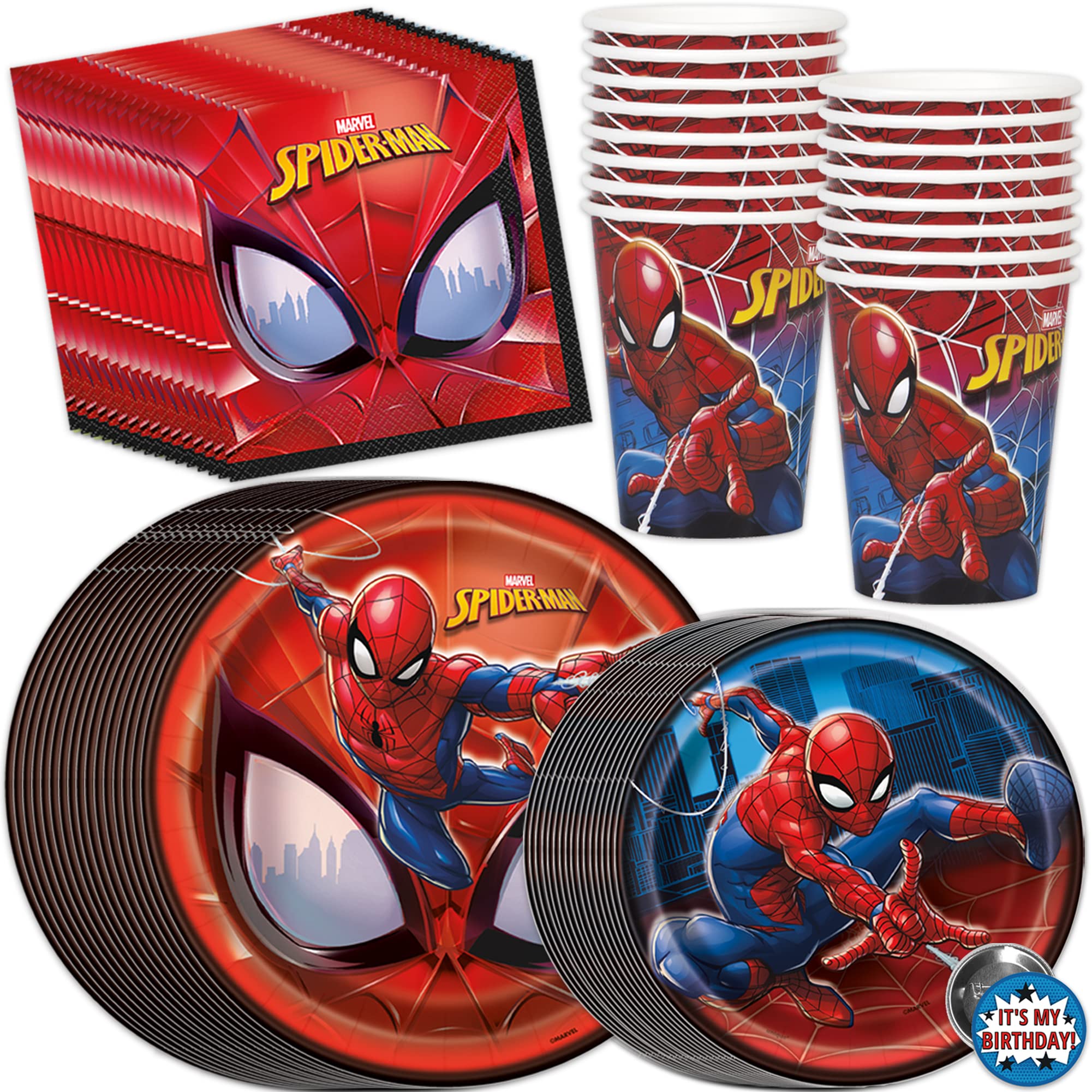 **Spider-Man Birthday Party Supplies Set for 16 Guests - Includes Dinner Plates, Cake Plates, Cups, Napkins & Buttons | Perfect for Kids' Superhero Themed Parties & Decorations**
