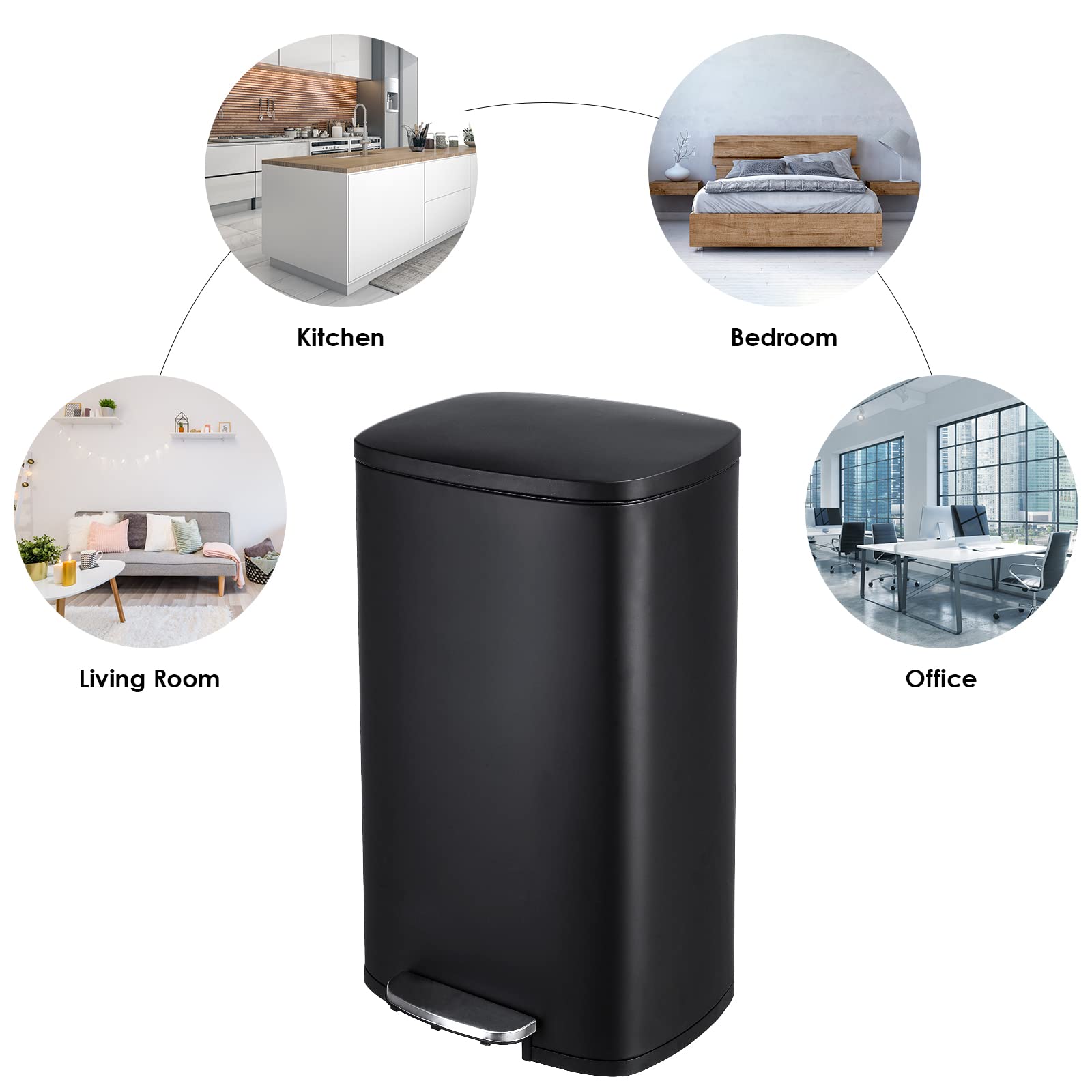 13.2 Gallon Step Trash Can with Soft-Close Lid - Stainless Steel Garbage Bin with Removable Inner Bucket, Fingerprint-Proof & Odor Control - Perfect for Kitchen, Bathroom, Office & Home Use (50L, Black)