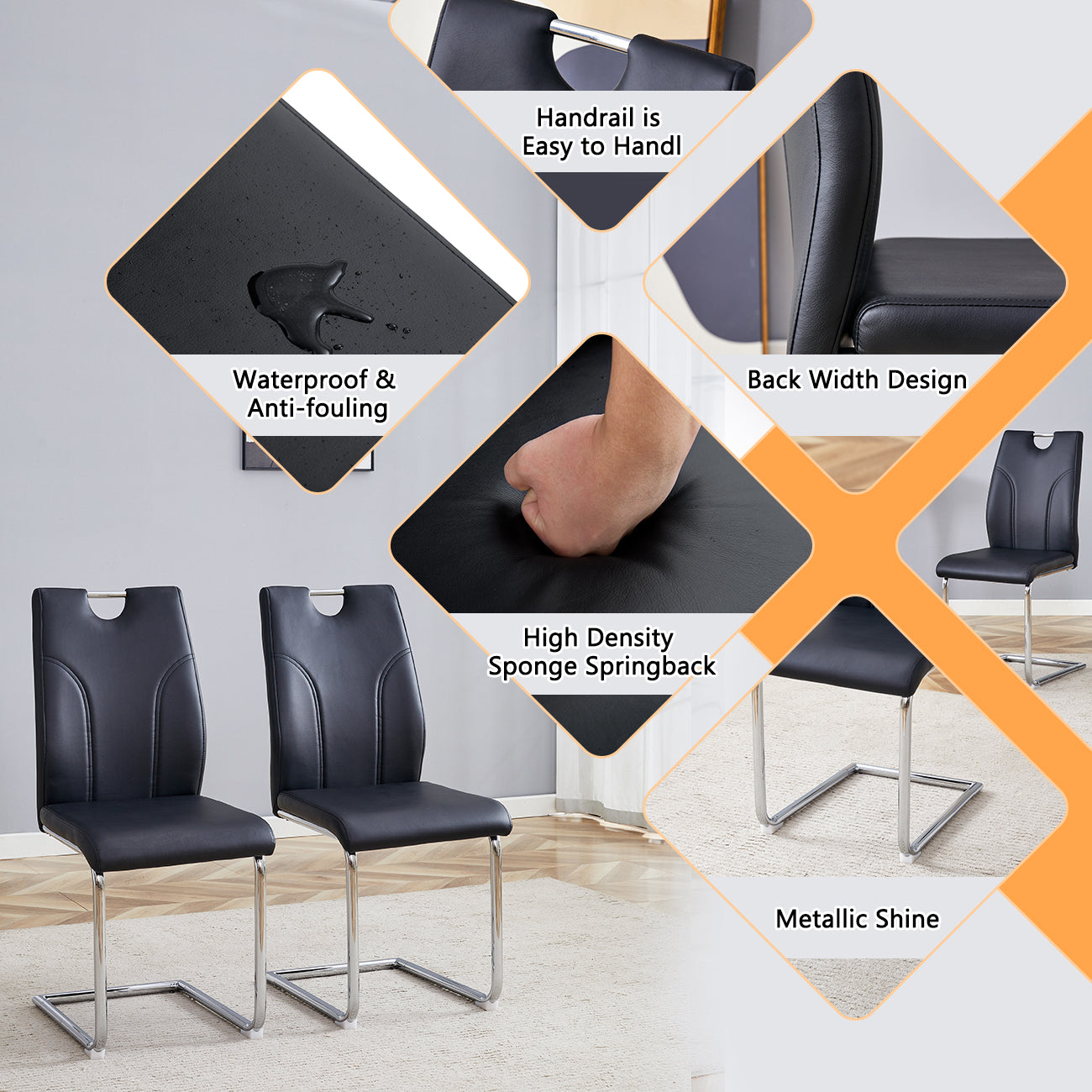Modern Black PU Dining Chairs Set of 6 - Waterproof Leather Upholstered Chairs with Silver Metal Legs for Kitchen, Restaurant, Office & Conference Room - Elegant & Durable Seating Solution for Home & Commercial Use