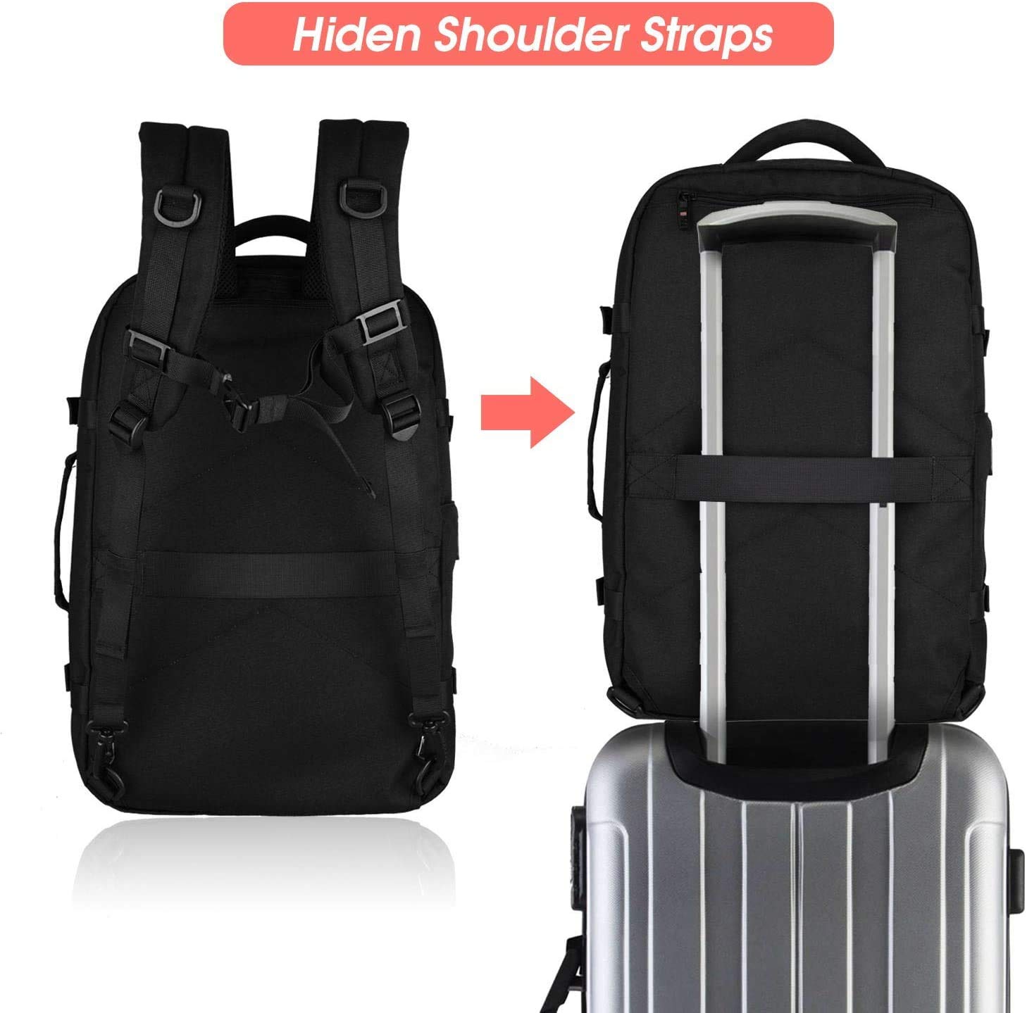 40L Waterproof Travel Backpack for Women & Men - Flight Approved Carry On for Laptops & Weekenders - Black