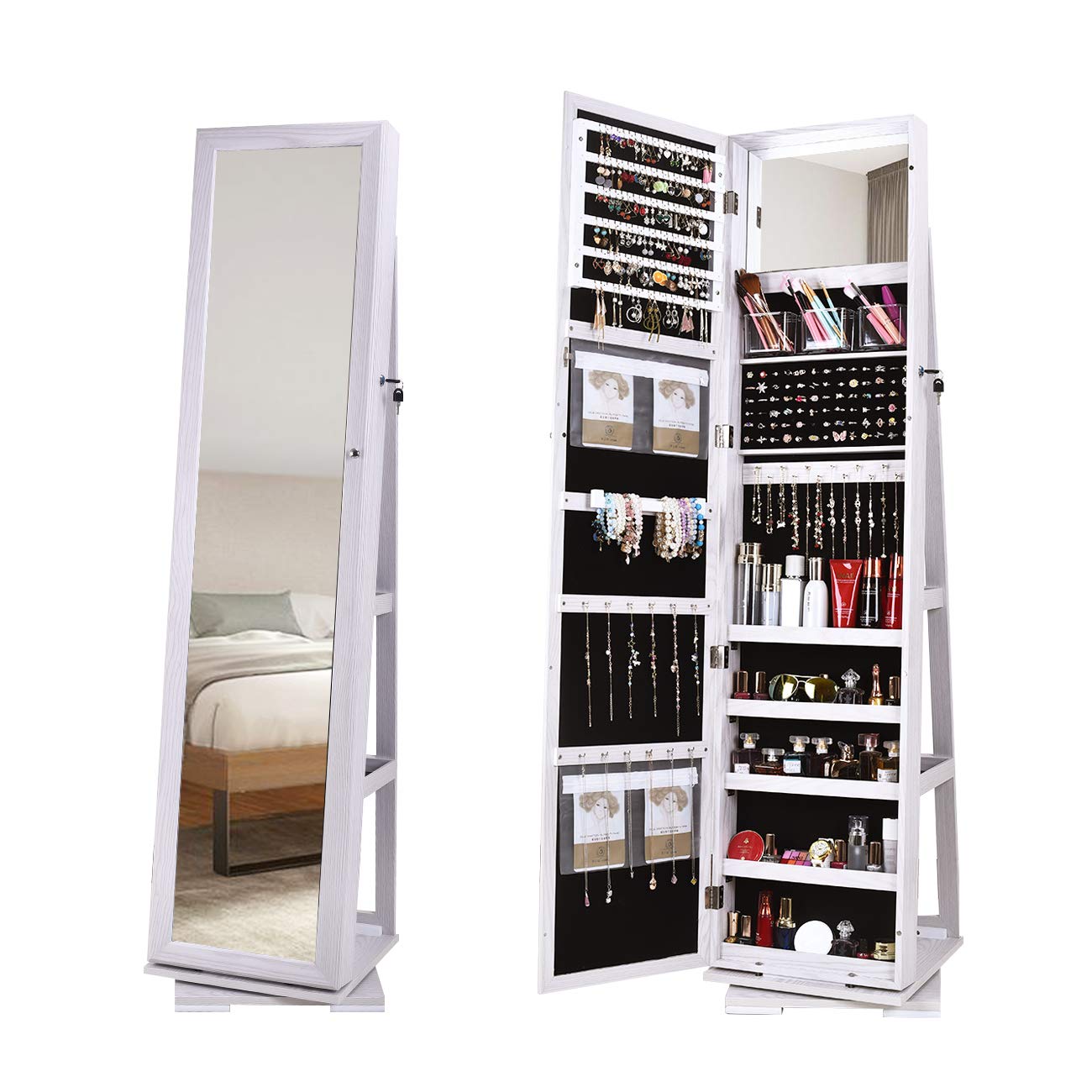 SogesGame 63x15 Inch Full Length Mirror Jewelry Cabinet with Lockable Storage - Wall/Door Mount Jewelry Armoire Organizer for Women - White - Perfect for Bedroom, Closet & Dressing Room Organization