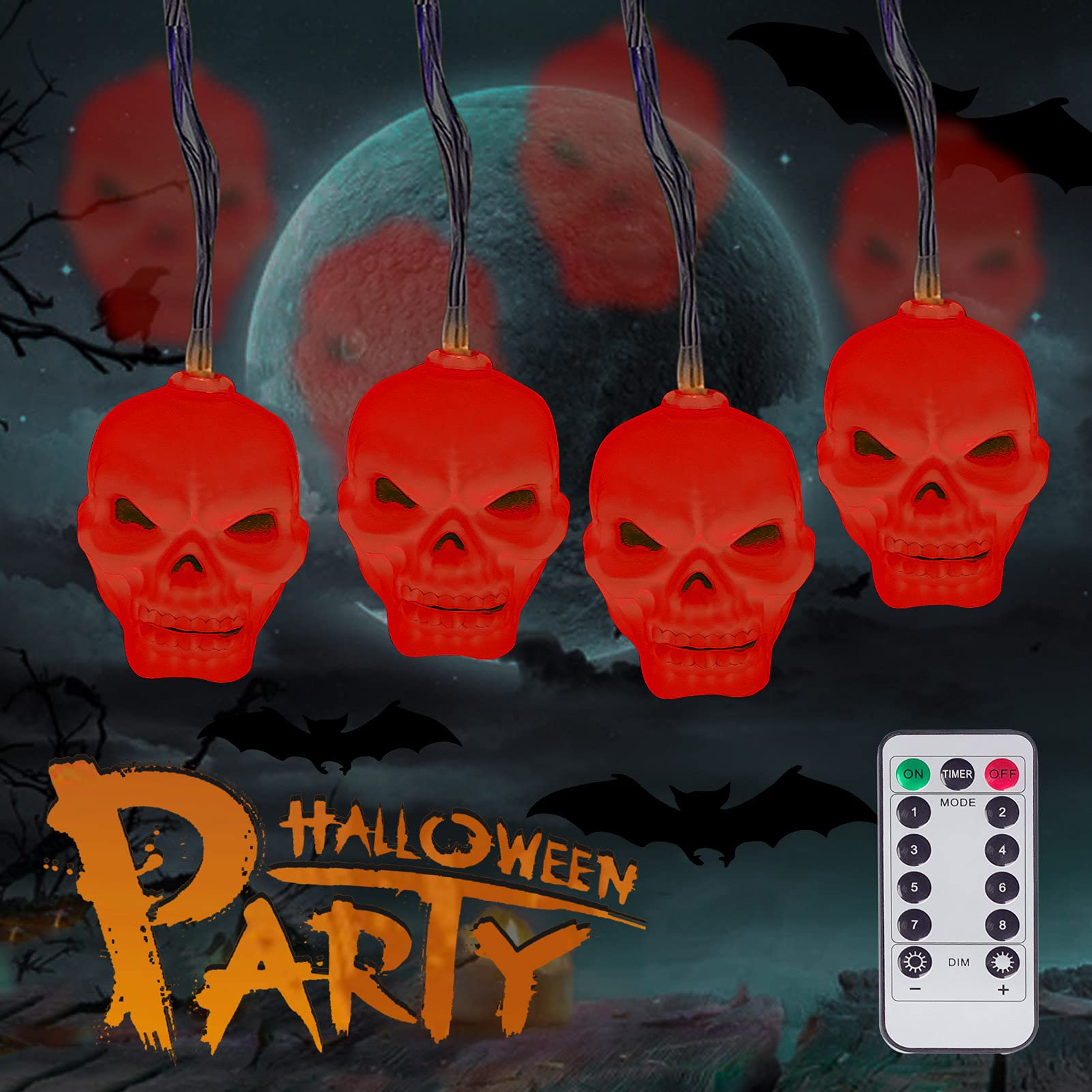 Halloween Skull LED Light String - 30 Battery Operated Lights with Dustproof & Waterproof Design for Outdoor Halloween Decorations - Perfect for Porch, Yard, and Party Decor
