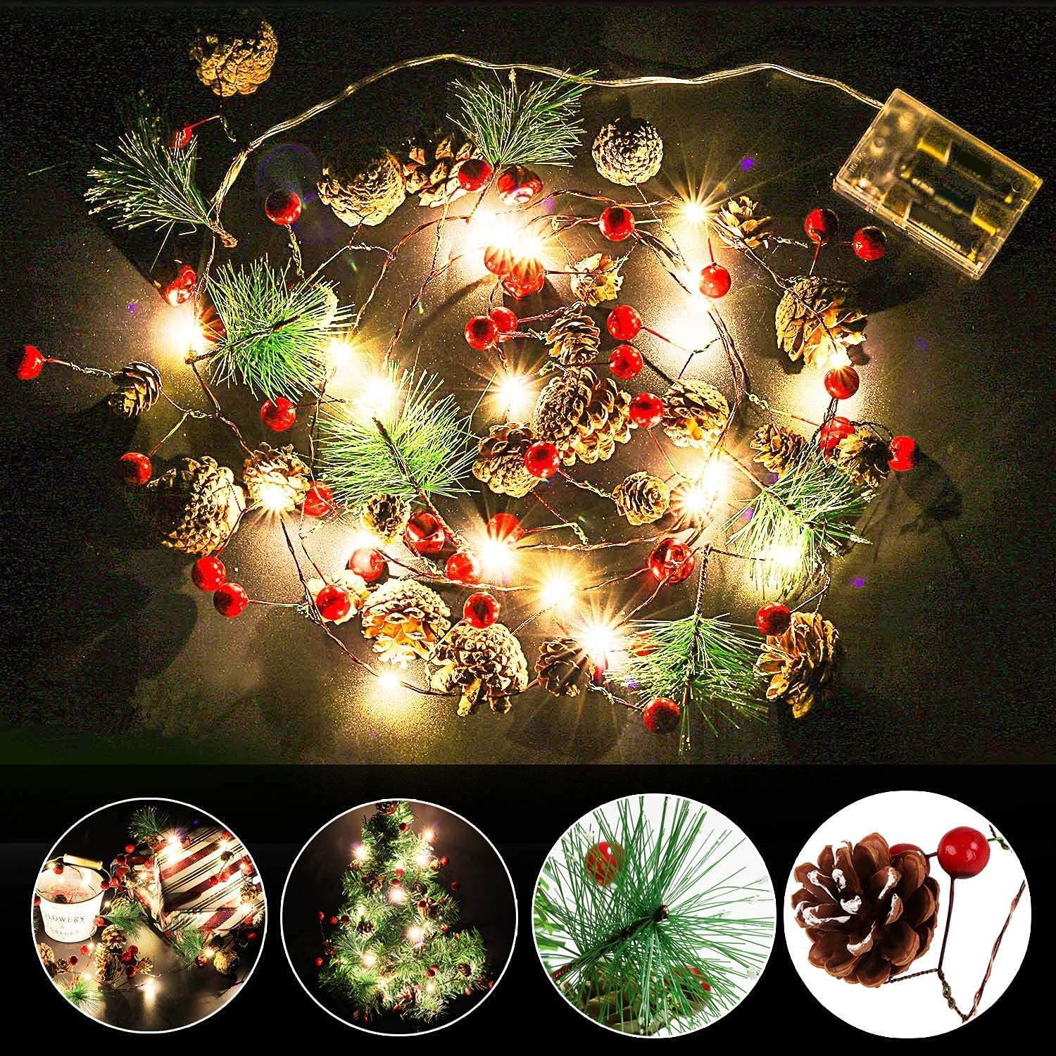 Hongyitime 7.8 FT Pine Cone String Lights with 20 LED Red Berries - Christmas Pine Cone Garland Lights for Indoor/Outdoor Holiday Decor - Perfect for Christmas Tree, Mantel, Fireplace & Party Decorations
