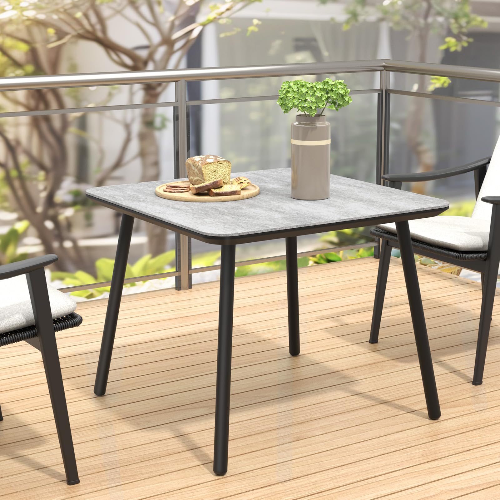 Square Metal Outdoor Dining Table with Marble Look Top - Patio, Garden, Backyard Furniture for Dining & Entertaining