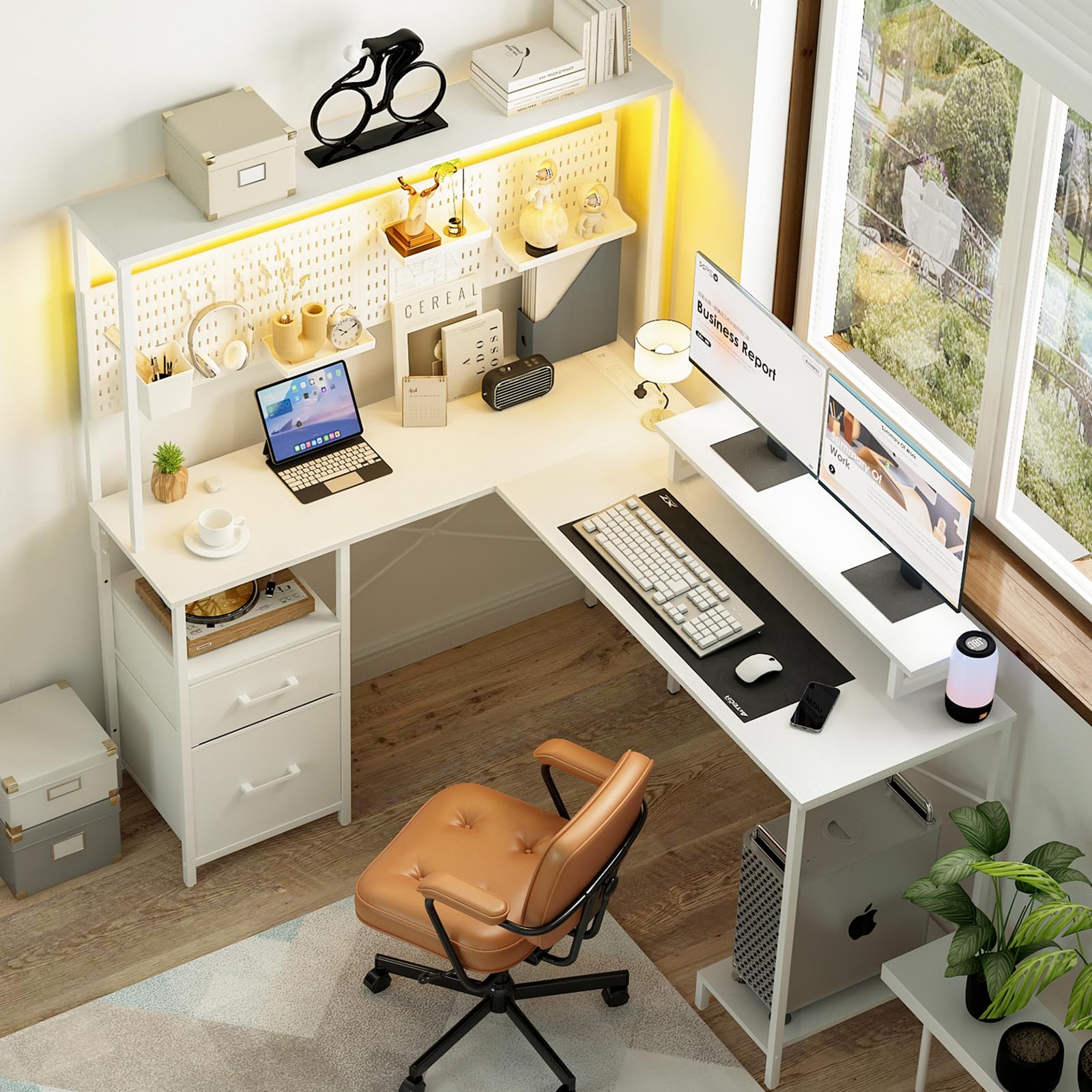 Yoobure L-Shaped Gaming Desk with LED Lights, Power Outlets & Pegboard - Reversible Corner Computer Desk with Drawers, Storage Shelves & Monitor Stand - Perfect for Home Office, Gaming Setup & Workspace Organization