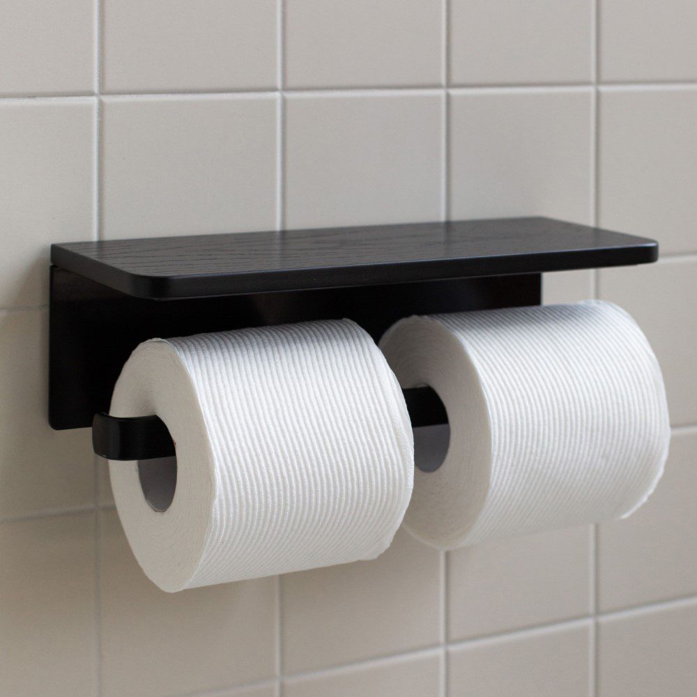 DESIGNSTUFF Black Dual Toilet Paper Holder with Shelf - Space Saving Bathroom Organizer for Modern Homes