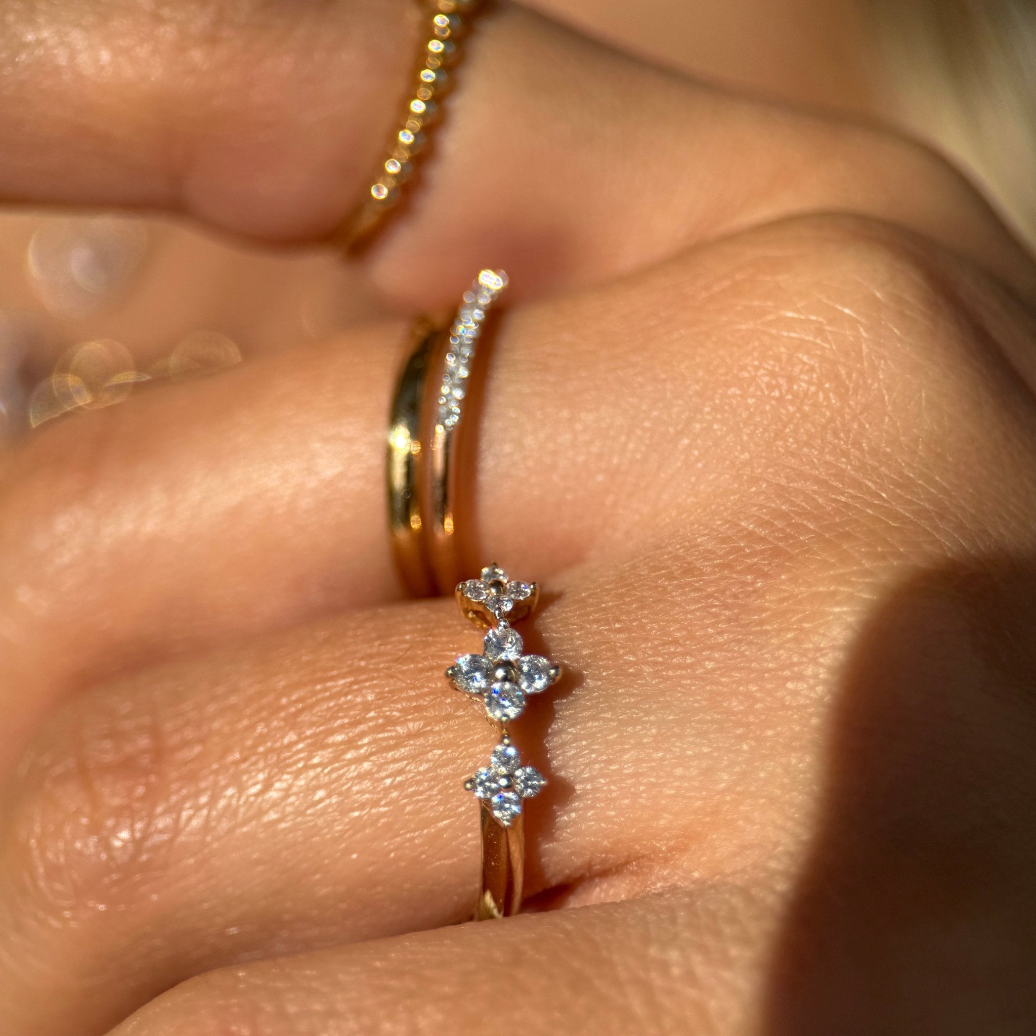 14k Yellow Gold Three Flower Diamond Ring for Women - Elegant Wedding, Engagement & Anniversary Jewelry Gift
