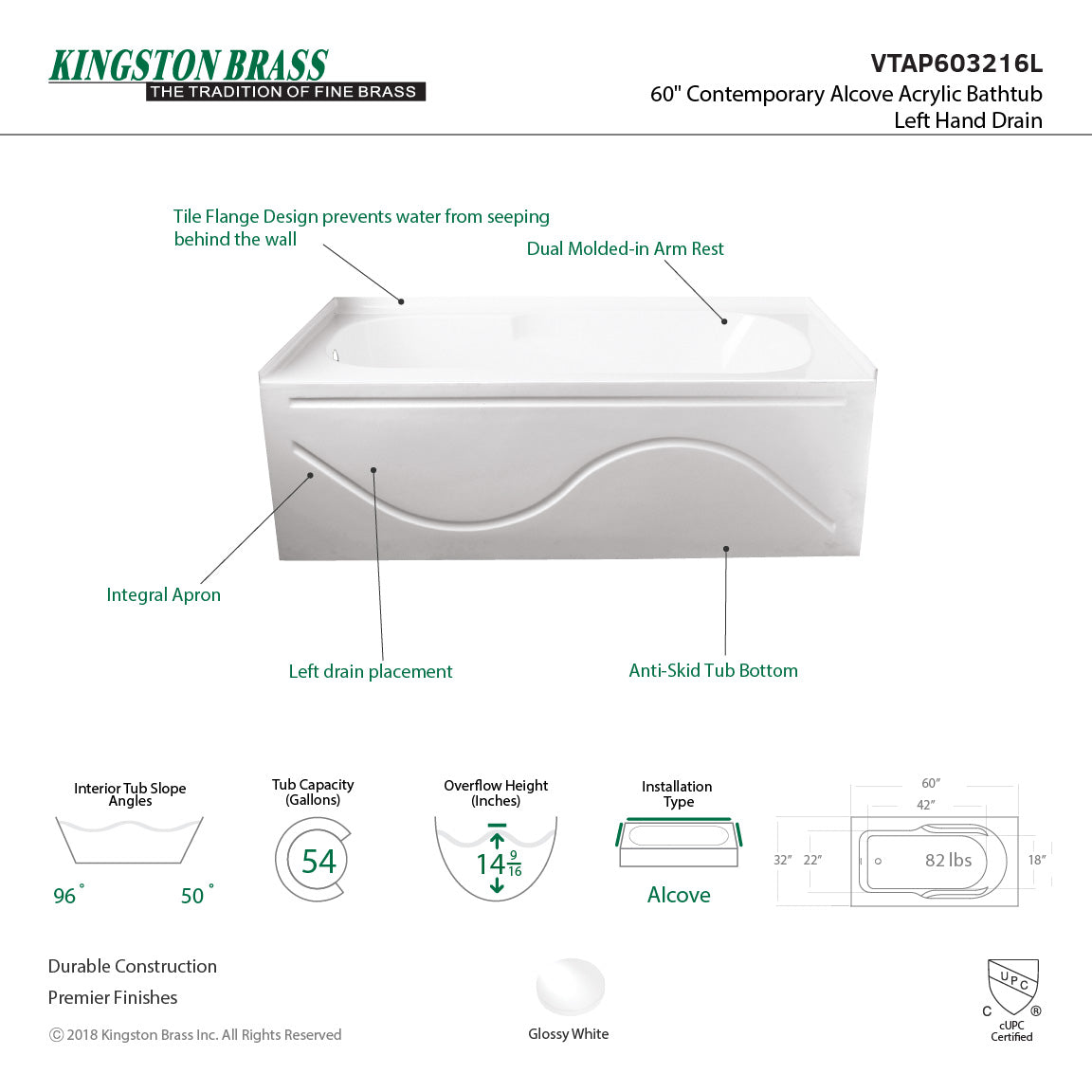 Aqua Eden VTAP603216L 60 Inch Acrylic Rectangular 3-Wall Alcove Bathtub with Anti-Slip Surface & Left Drain - Glossy White for Modern Bathroom & Spa Relaxation