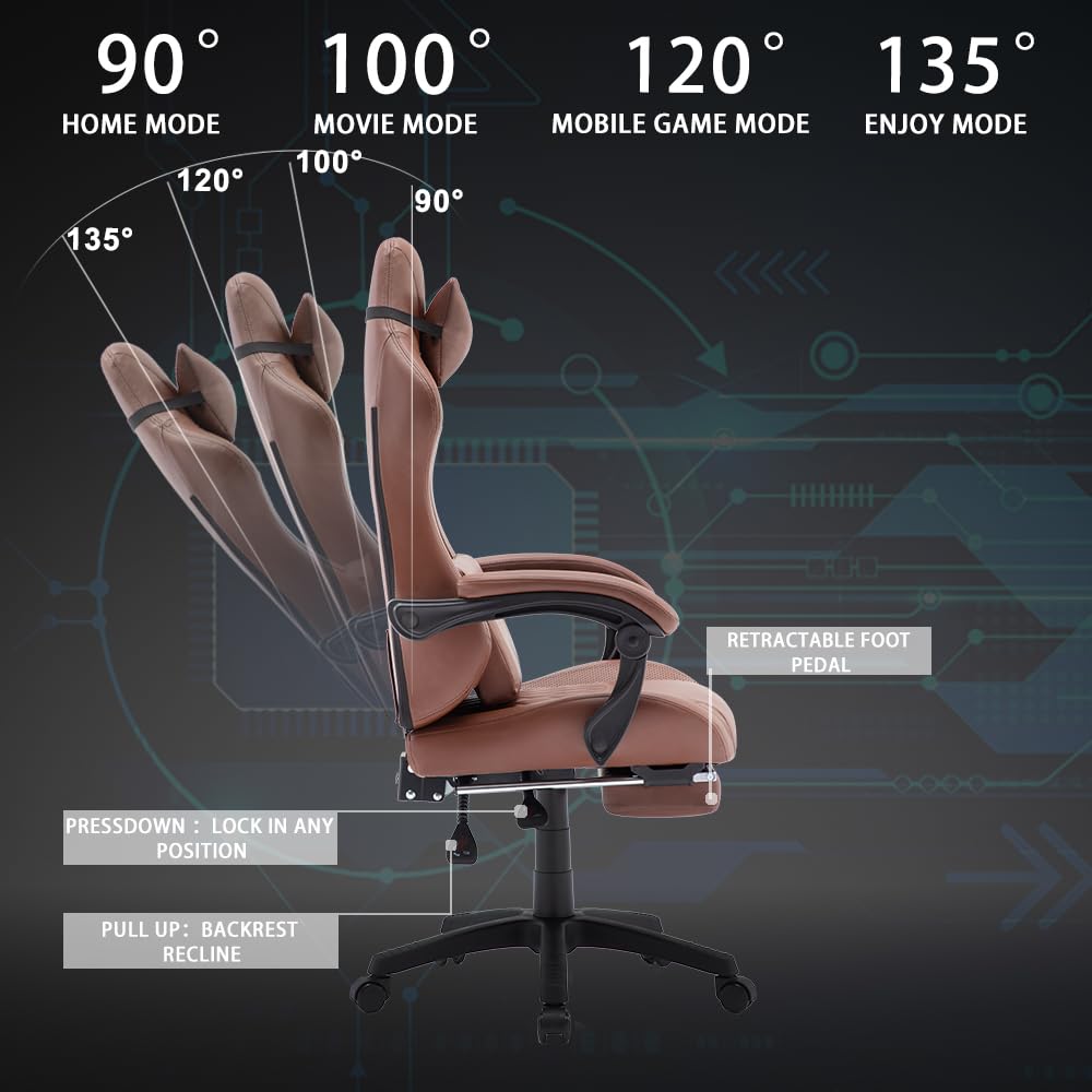 OHAHO Ergonomic Gaming Chair with Adjustable Footrest & Lumbar Support - 360° Swivel Height-Adjustable Office Chair with Headrest for PC Gaming & Home Office Work (Tan) - Perfect for Esports, Streaming & Long Work Sessions