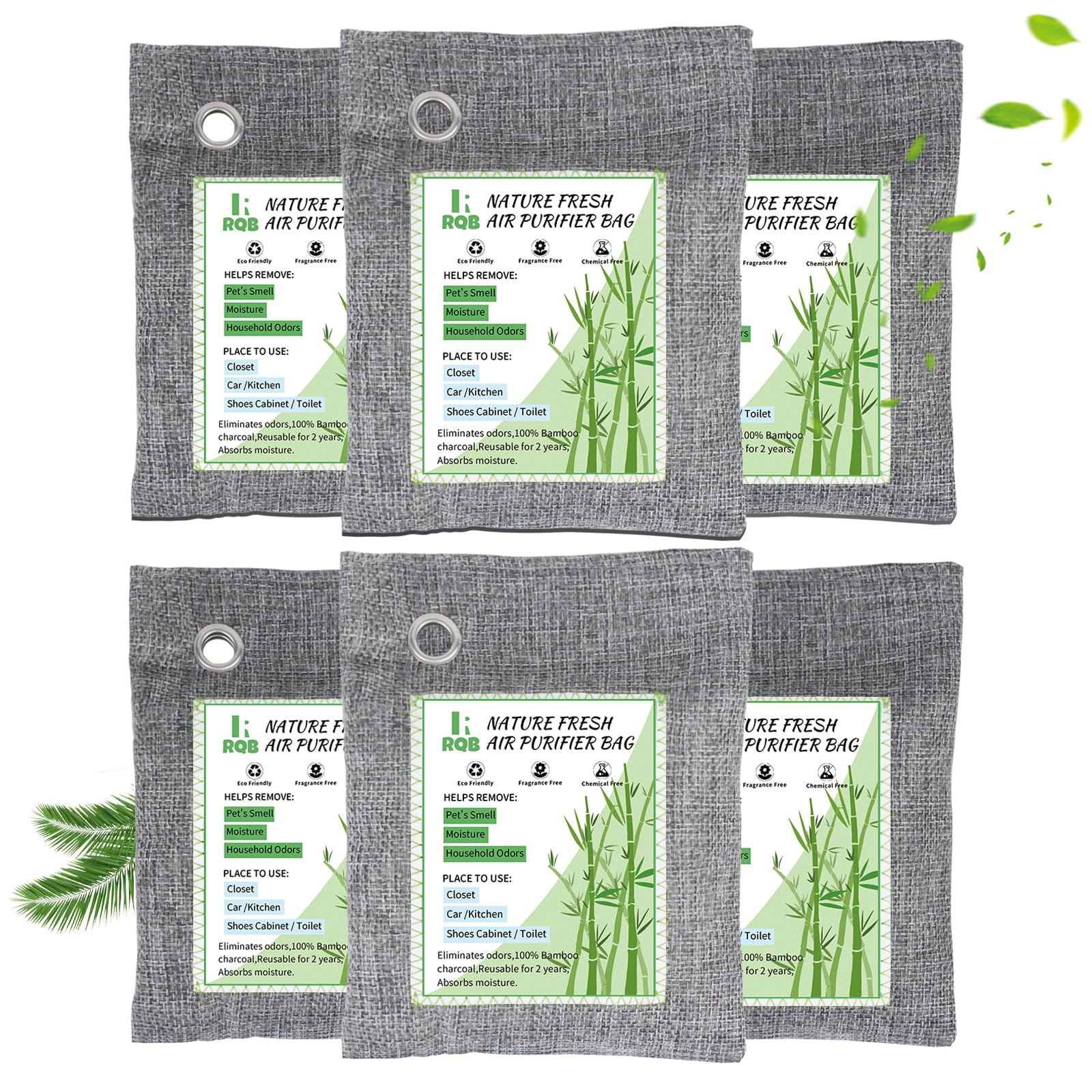 6 Pack Activated Charcoal Odor Absorber Bags - Natural Bamboo Charcoal Air Purifier for Home, Closet, Shoes & Car | Eliminates Odors, Moisture & Freshens Air | Ideal for Pet Areas, Gym Bags & Musty Spaces
