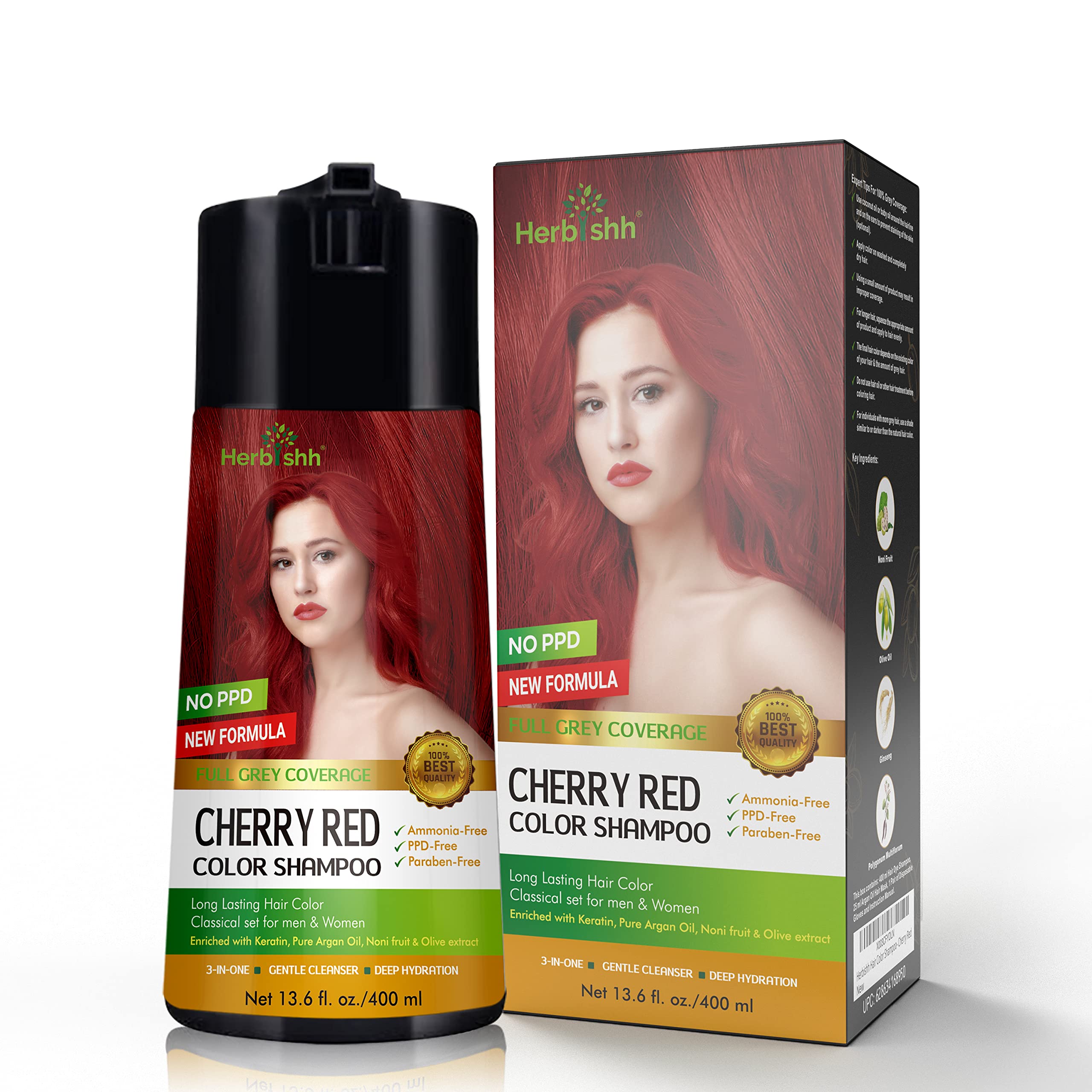 Herbishh Cherry Red Hair Color Shampoo for Gray Hair (400ml) & Curly Hair Shampoo Conditioner Set - Natural Gray Coverage & Curly Hair Care for Women & Men | At-Home Hair Coloring & Moisturizing Treatment
