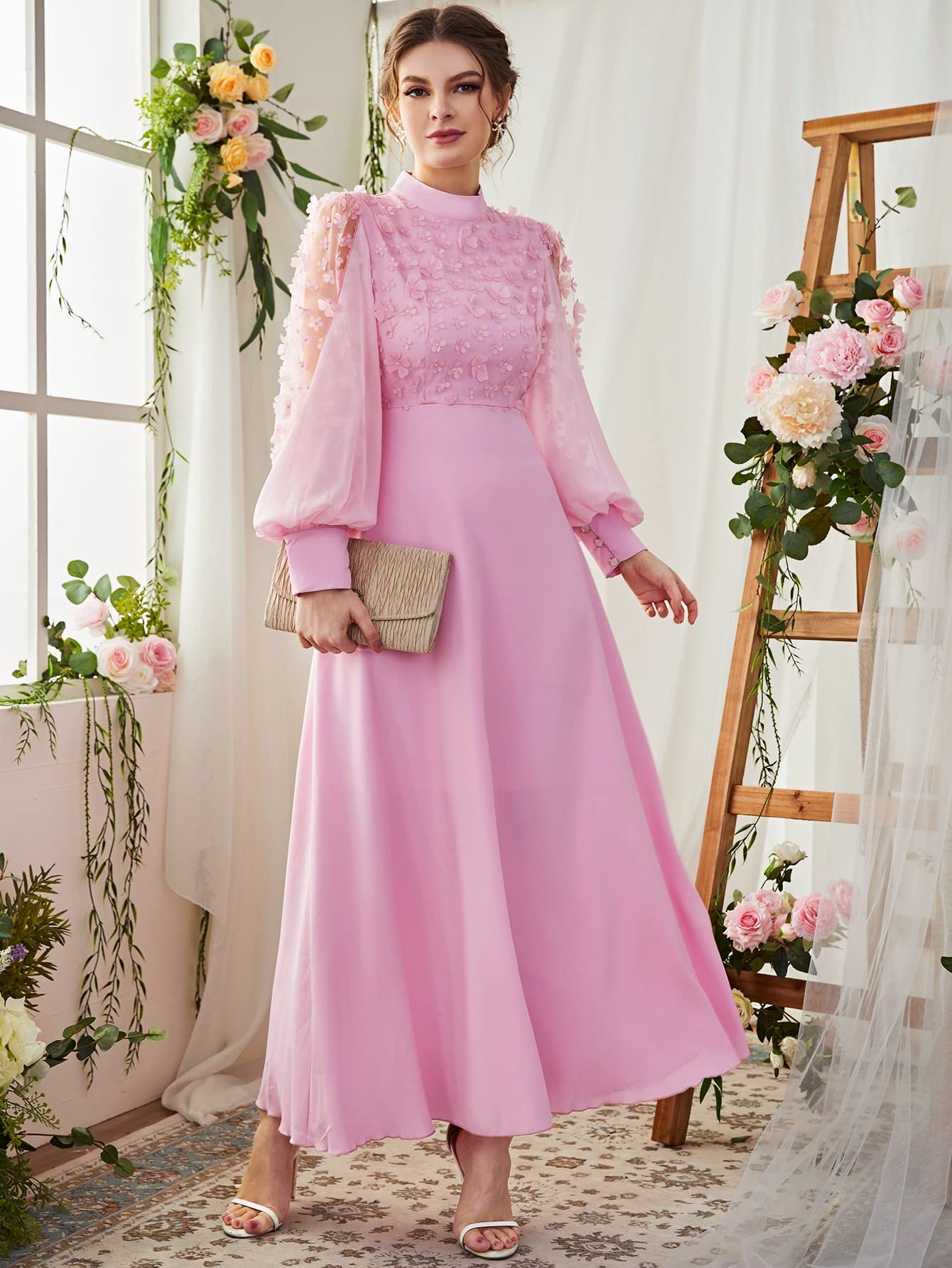 Stylish Women's Applique Contrast Mesh Lantern Sleeve Dress - Size Small | Elegant Party Wear for Evening Events, Weddings & Special Occasions