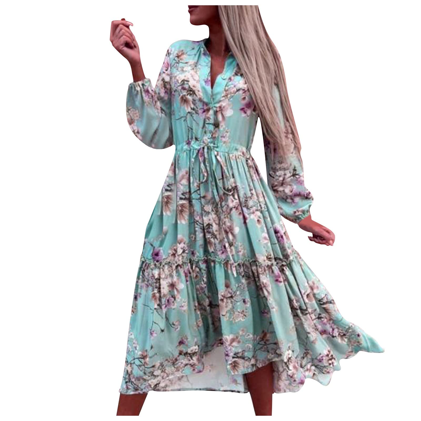 Women's Maxi Wrap Dress with Long Sleeves - Floral Print Ruffle Detail & Button Up Waist | Elegant Boho Style for Date Night, Office Wear & Special Occasions