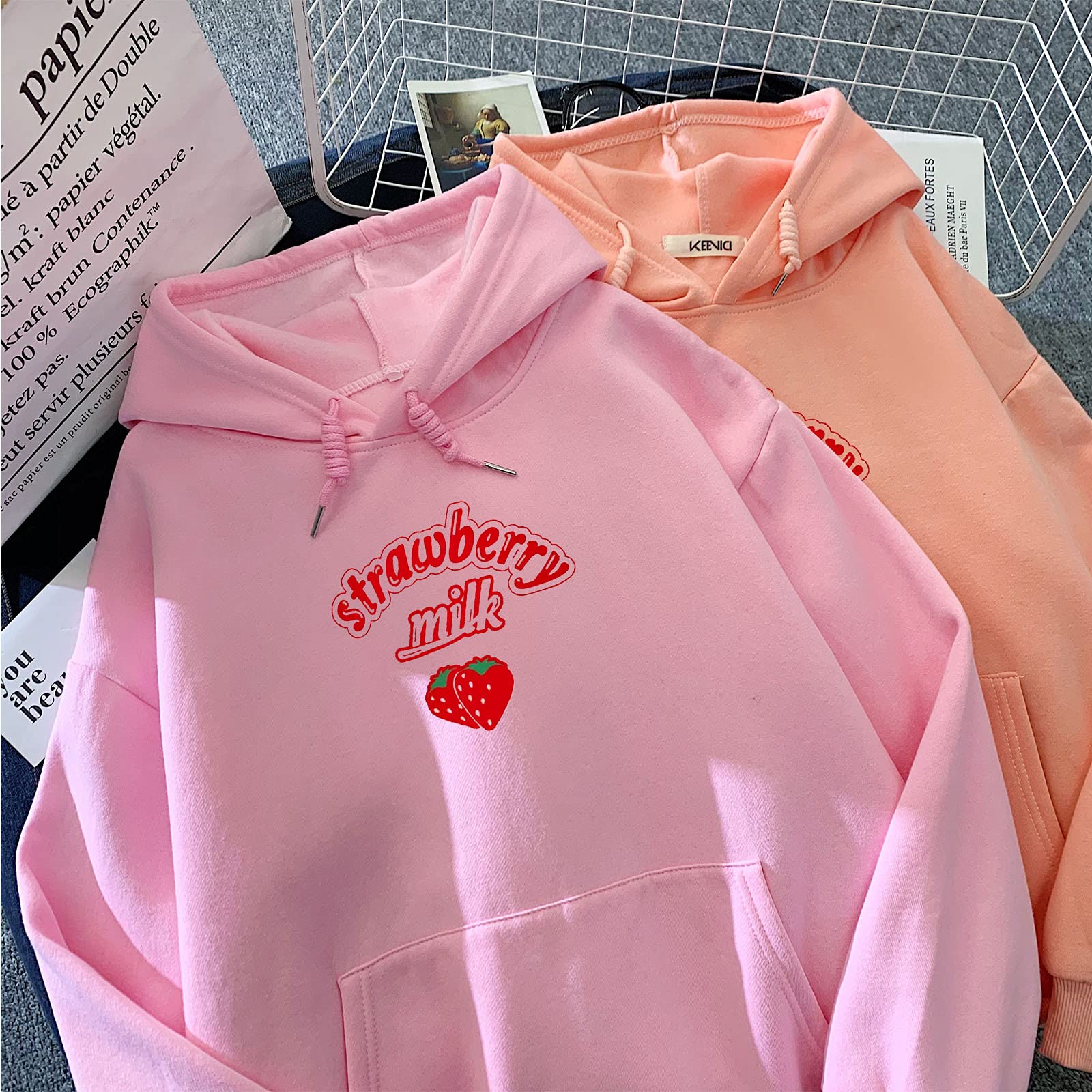 KEEVICI Women's Cute Strawberry Milk Hoodie - Korean Harajuku Style Loose Long Sleeve Kawaii Sweatshirt with Pockets | Casual Streetwear, Kawaii Fashion, Cute Outfit for Daily Wear & Instagram Photos