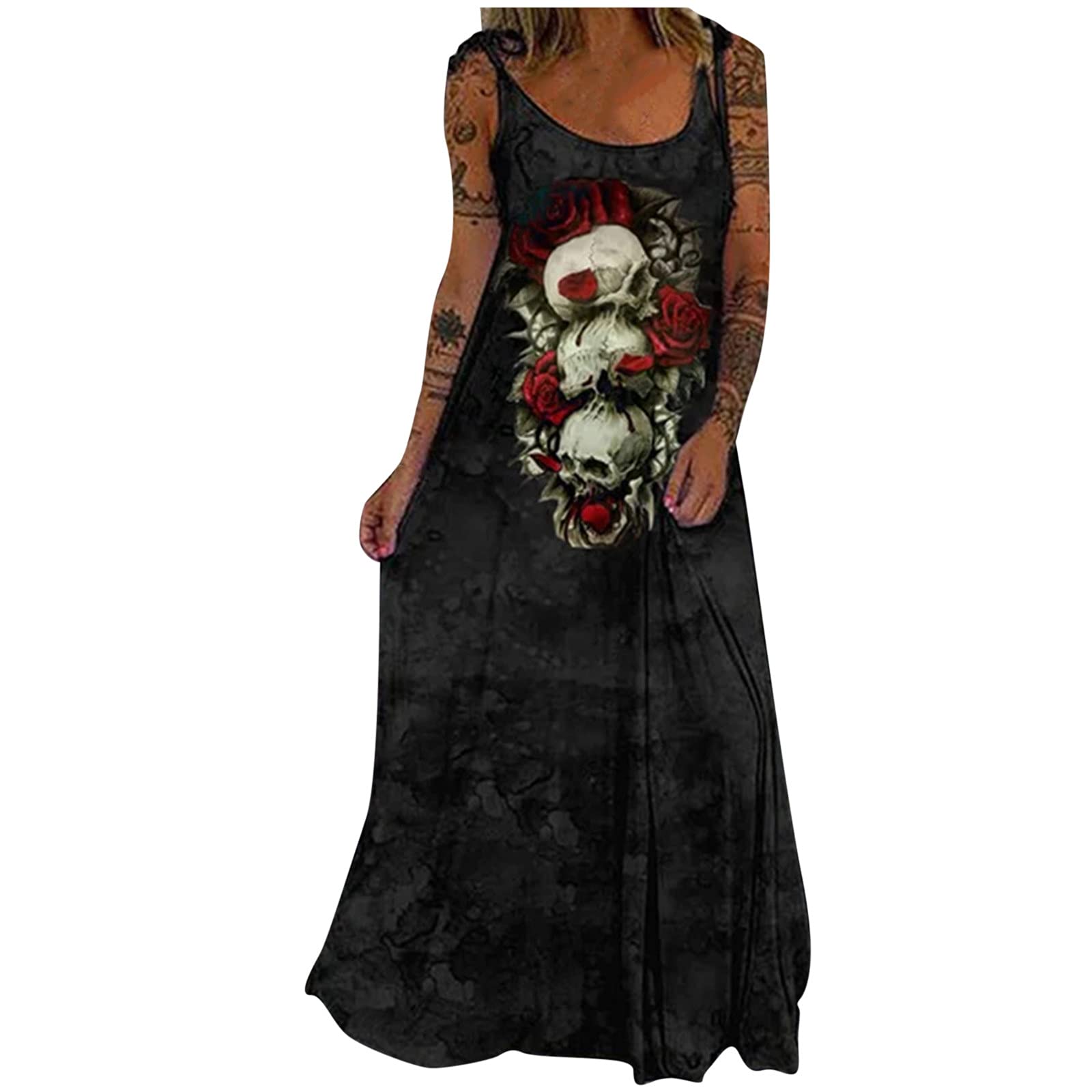 Stylish Peigen Women's Skull Print V-Neck Sundress - Short Sleeve Summer Dress with Side Slit | Perfect for Beach Vacations, Casual Outings & Summer Parties