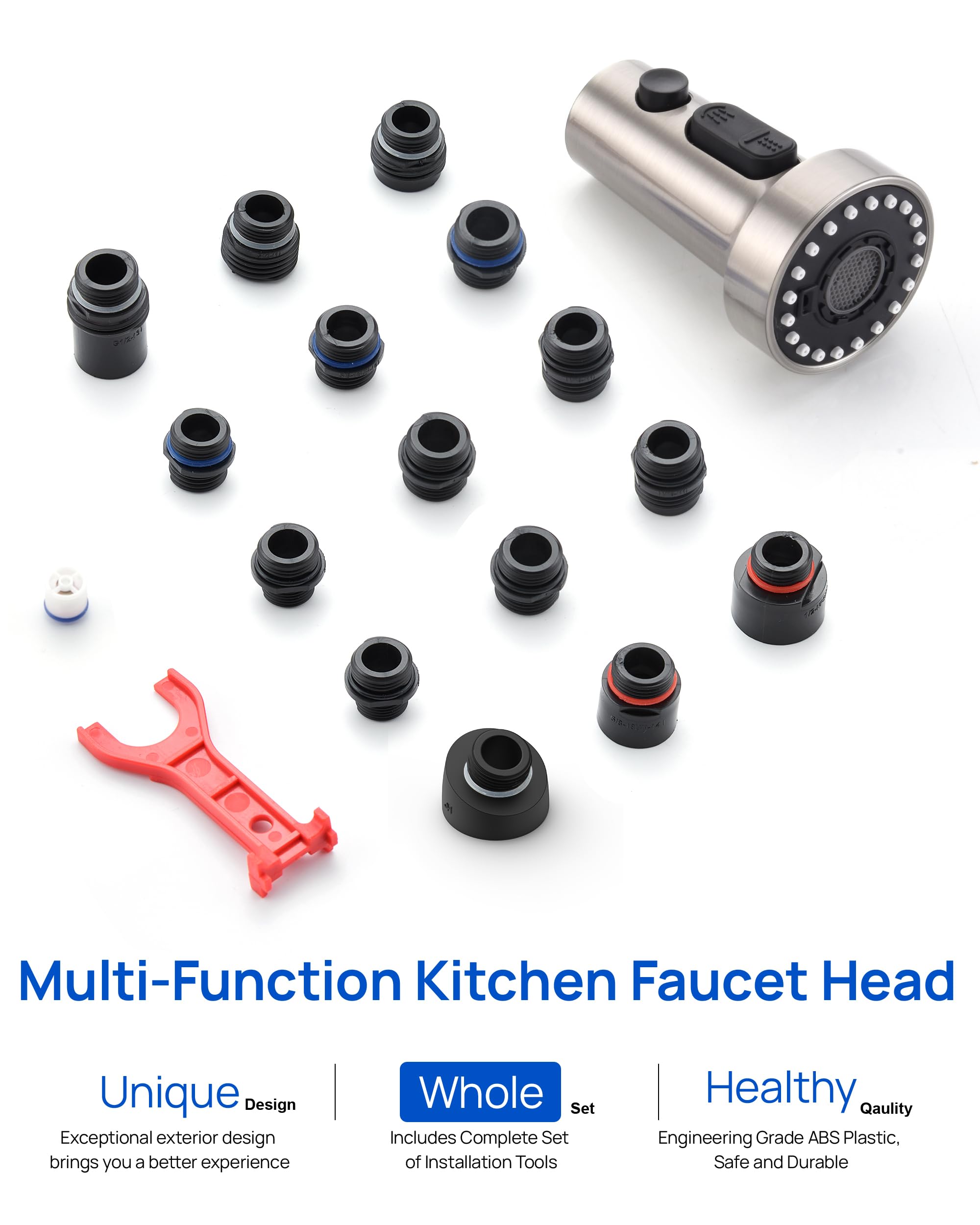 J-HVA 3 Function Pull Down Kitchen Faucet Sprayer Head Replacement with 15 Adapters - Brushed Nickel Pull Out Sink Spray Nozzle for Easy Dishwashing, Vegetable Cleaning & Sink Rinsing