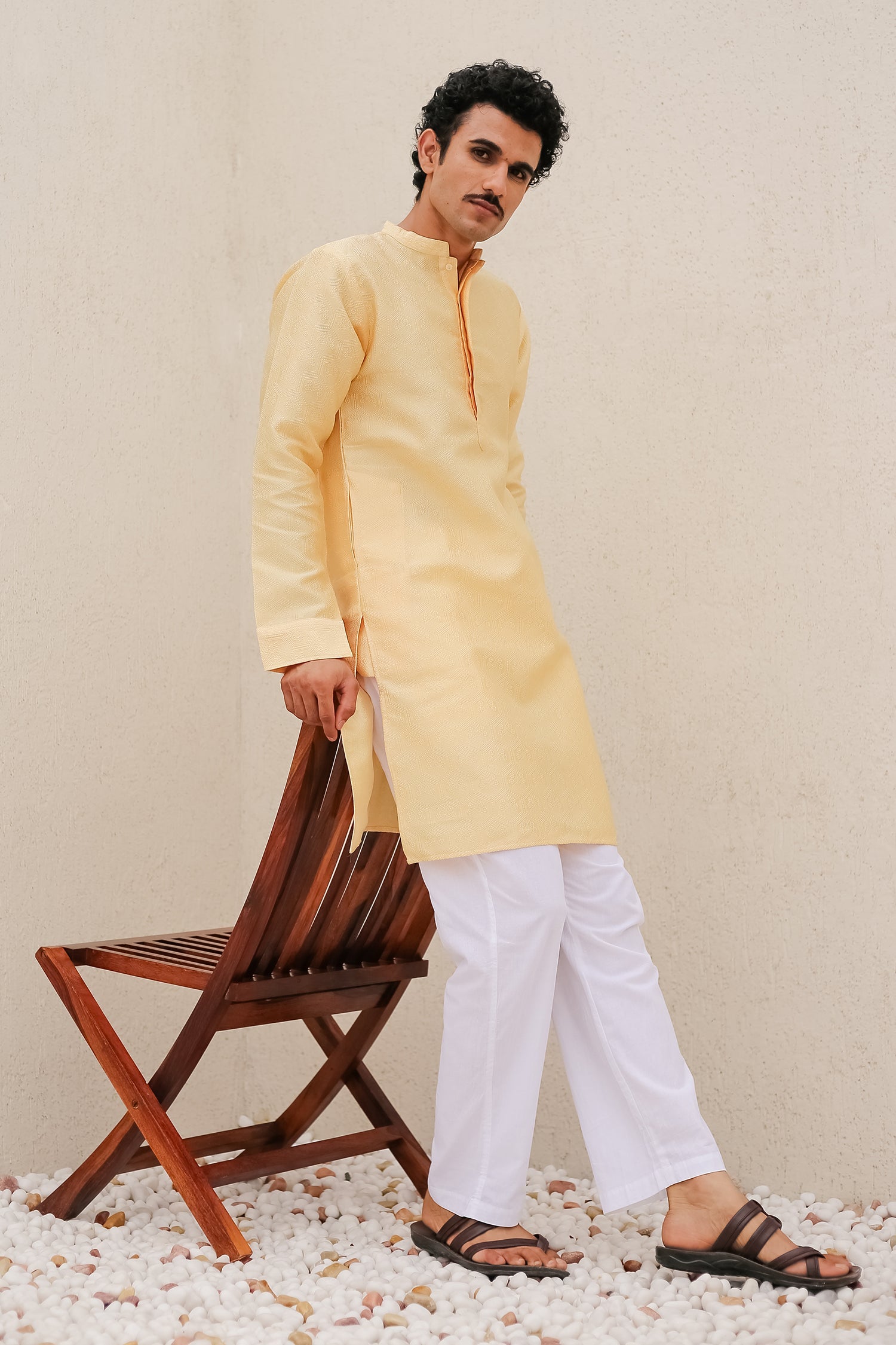 Men's Jacquard Self Yellow Kurta - Traditional Indian Tunic for Casual Wear & Festive Occasions