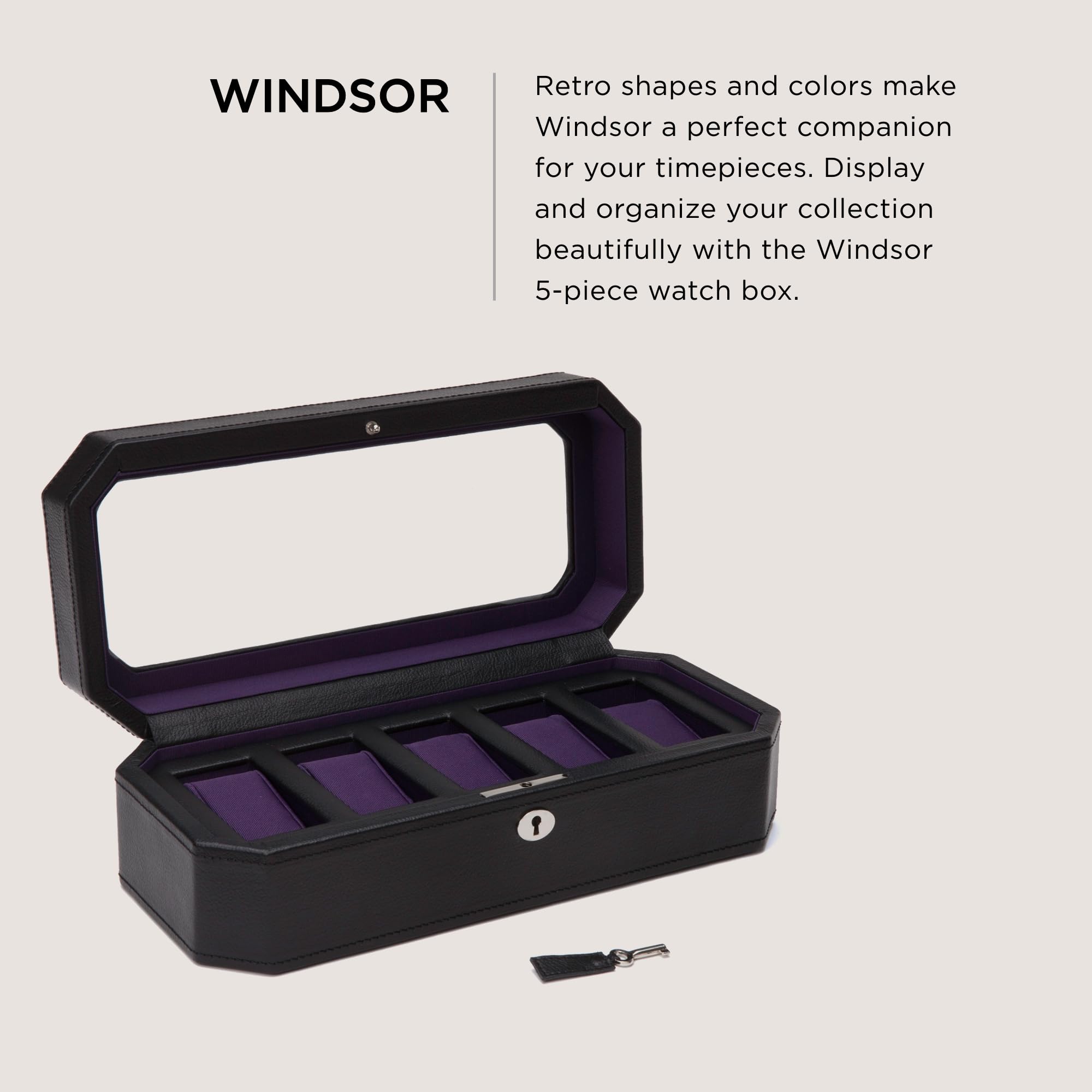 WOLF Windsor 5-Piece Watch Box with Vegan Leather Exterior - Luxury Black/Purple Watch Organizer with 5 Watch Compartments - Perfect for Watch Storage, Display & Travel Accessories
