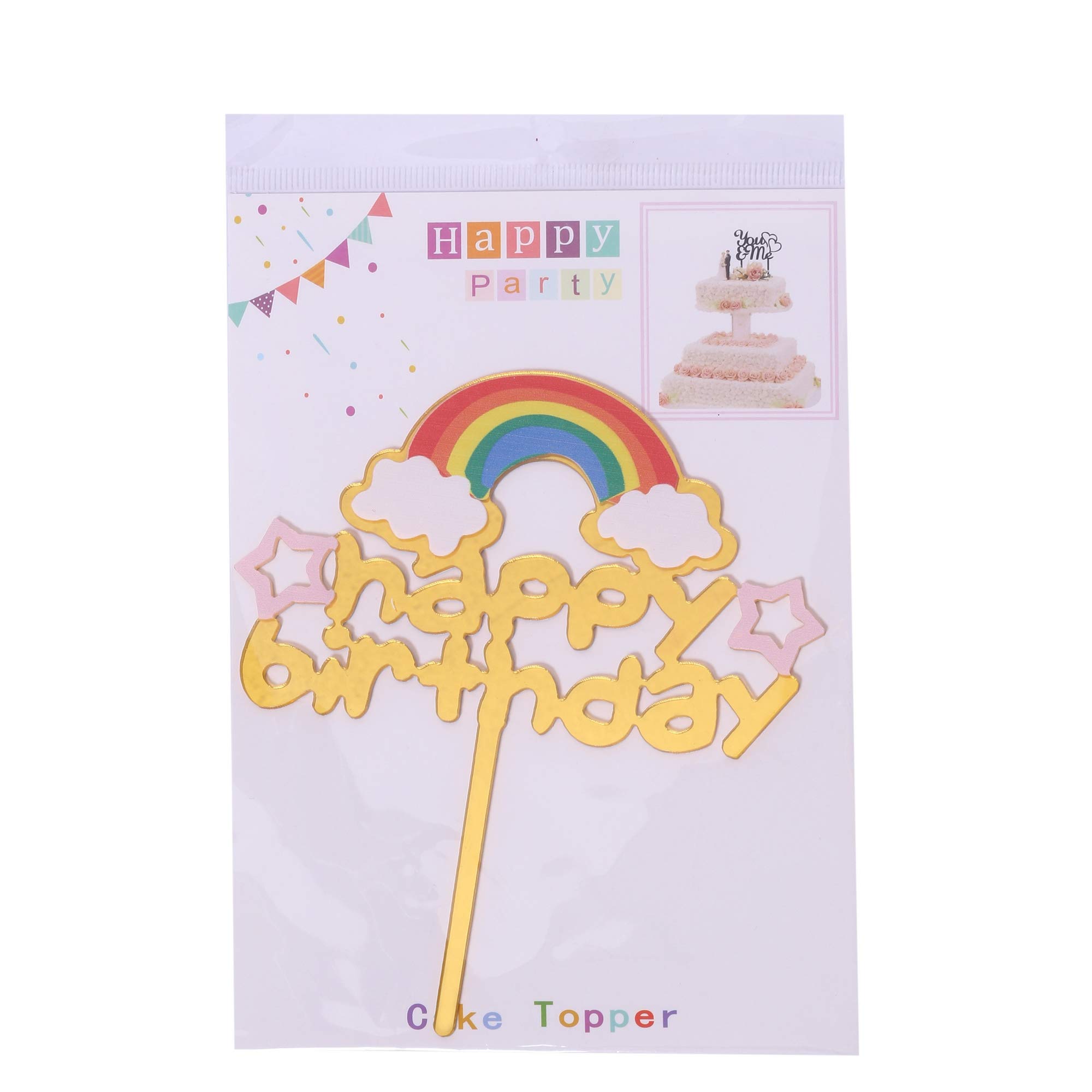 Funcart Acrylic Rainbow Cloud Happy Birthday Golden Cake Topper - Elegant Party Decor for Birthdays, Baby Showers & Wedding Celebrations