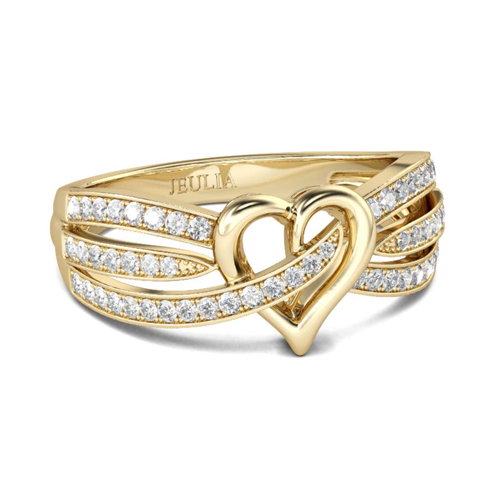 Jeulia 14K Gold Plated Heart Wedding Band - Personalized Curved Multi-Row Engagement Ring with Round Cut Cubic Zirconia - Sterling Silver Promise Ring for Women, Anniversary & Bridal Jewelry - Perfect for Weddings, Proposals & Romantic Gifts