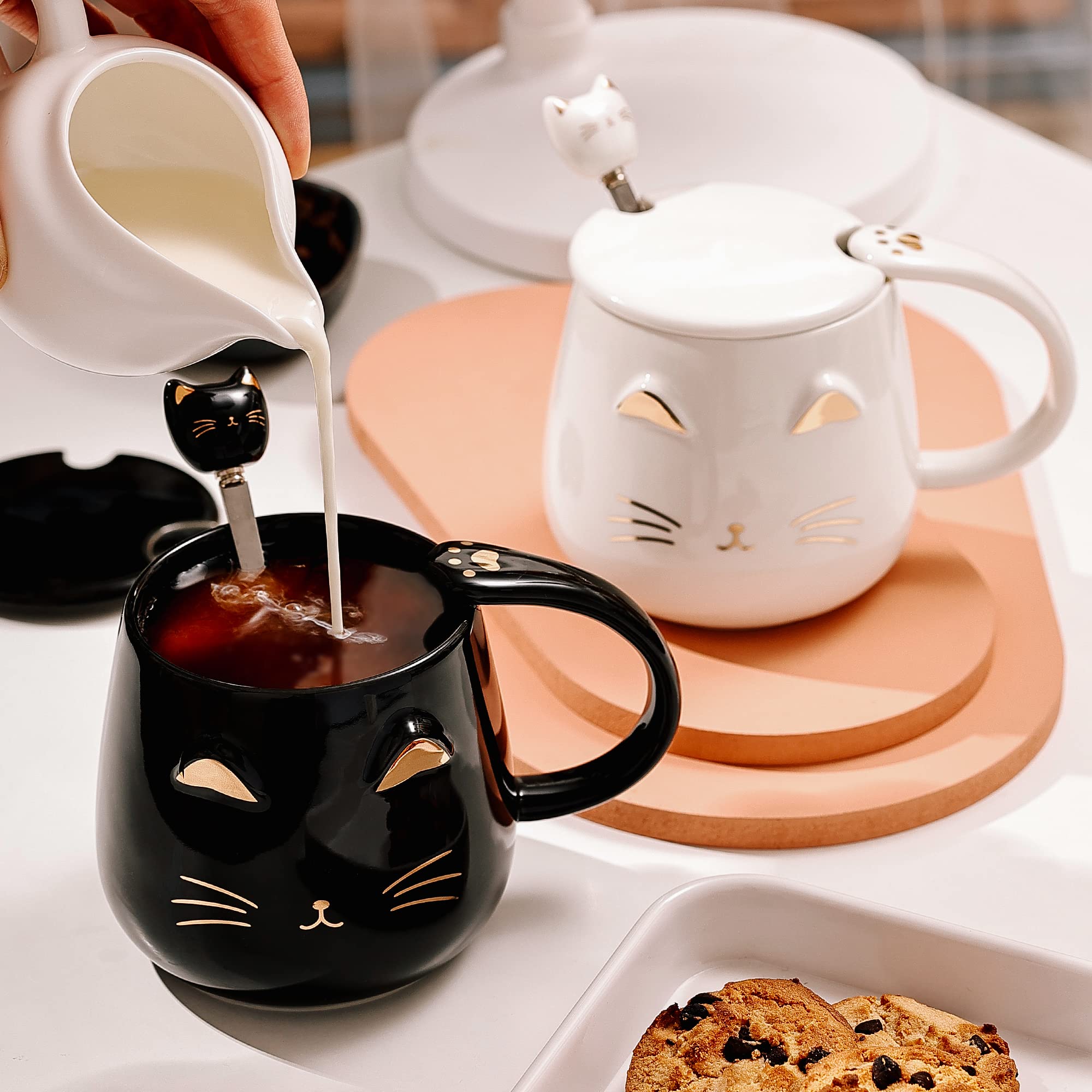 3-Piece Ceramic Cat Mug Set with Lid, Spoon & Coaster - 13oz Cute Cat Coffee Cups for Women, Kids & Cat Lovers - Perfect Christmas Birthday Gift (Black, White, Pink) - Ideal for Tea, Coffee & Hot Chocolate at Home or Office