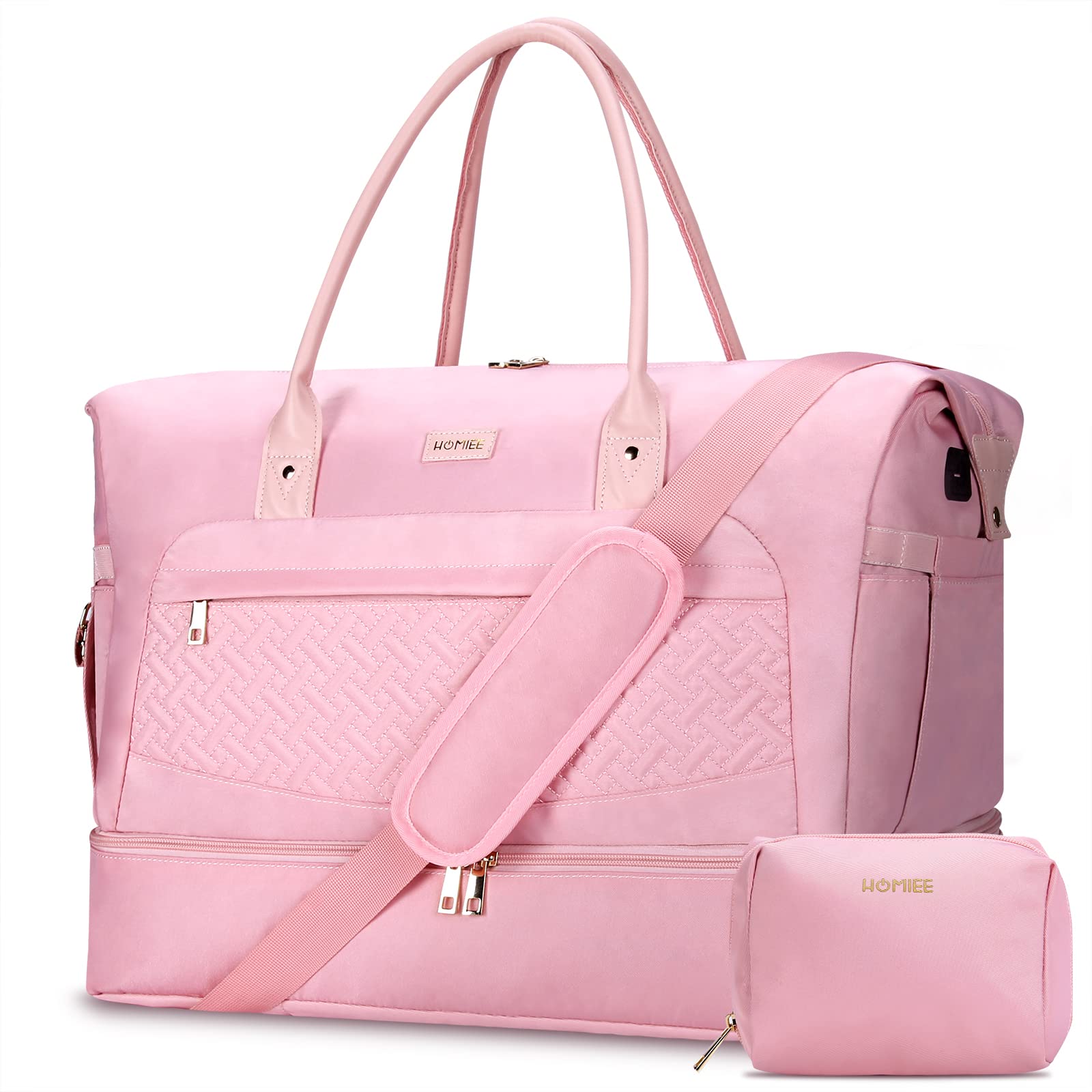 HOMIEE 45L Large Travel Duffle Bag for Women - Waterproof Carry On Weekender Bag with Shoe Compartment & Toiletry Bag - Pink (Perfect for Gym, Weekend Trips & Airplane Travel)