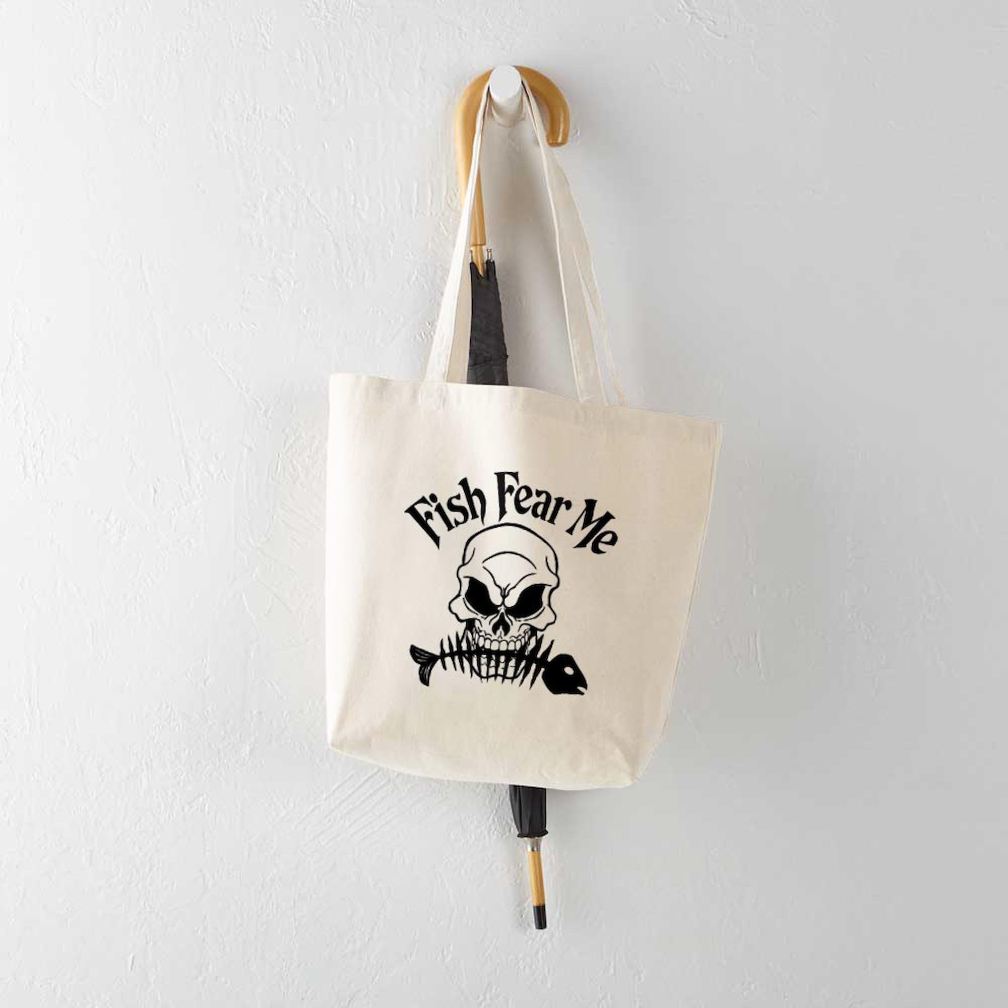 Fish Fear Me Skull Tote Bag - Natural Canvas Reusable Shopping Bag for Groceries, Beach & Everyday Use | Eco-Friendly & Durable