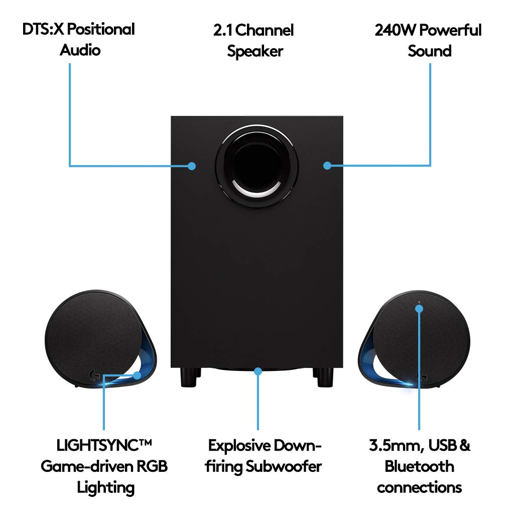 Logitech G560 2.1 PC Gaming Speaker System with DTS:X Ultra Surround Sound, RGB LIGHTSYNC Technology & Powerful Subwoofer - Perfect for Gaming, Movies and Music Streaming