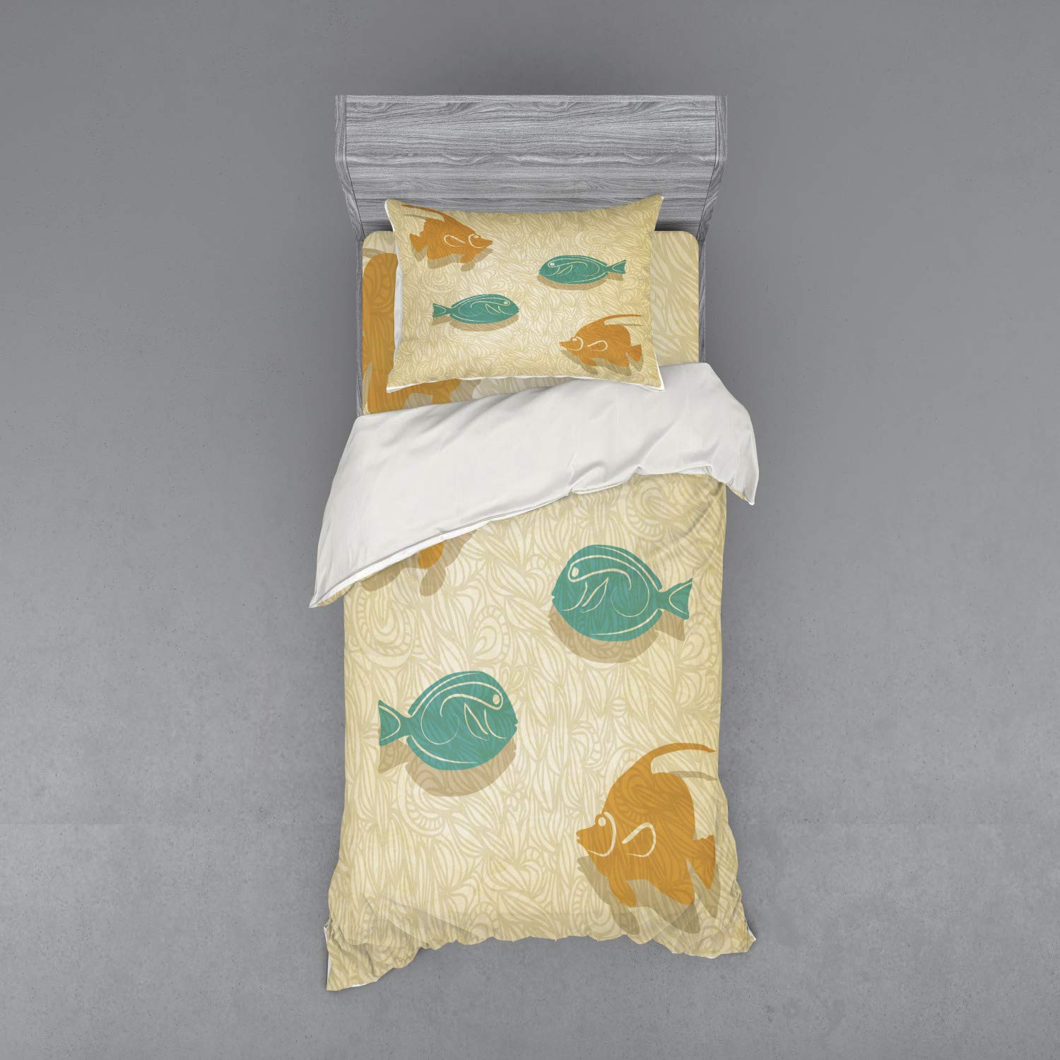 Ambesonne Vintage Fish and Wave Duvet Cover Set - 3 Piece Twin Size Bedding with Sham & Fitted Sheet - Aquarium Marine Ocean Fishing Theme in Sand Brown & Seafoam Orange - Perfect for Beach House, Coastal Decor or Nautical Themed Bedrooms