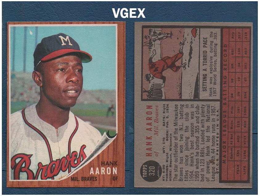 1962 Topps Baseball Card #320 Hank Aaron Milwaukee Braves VGX Condition - Vintage Sports Collectibles for Display & Investment