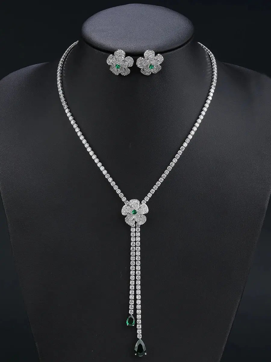 Elegant Floral Necklace and Earrings Set for Women - Wedding, Bridal, Party Jewelry Accessories - Perfect for Bridal Showers, Prom, and Evening Events