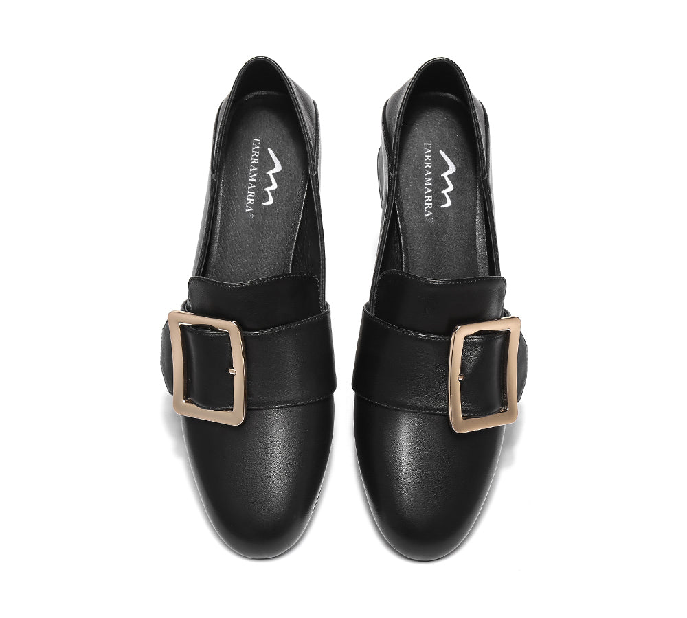 TARRAMARRA® Women's Leather Square Buckle Almond Toe Low Block Heel Pumps - Comfortable Office Shoes for Work, Business & Formal Occasions