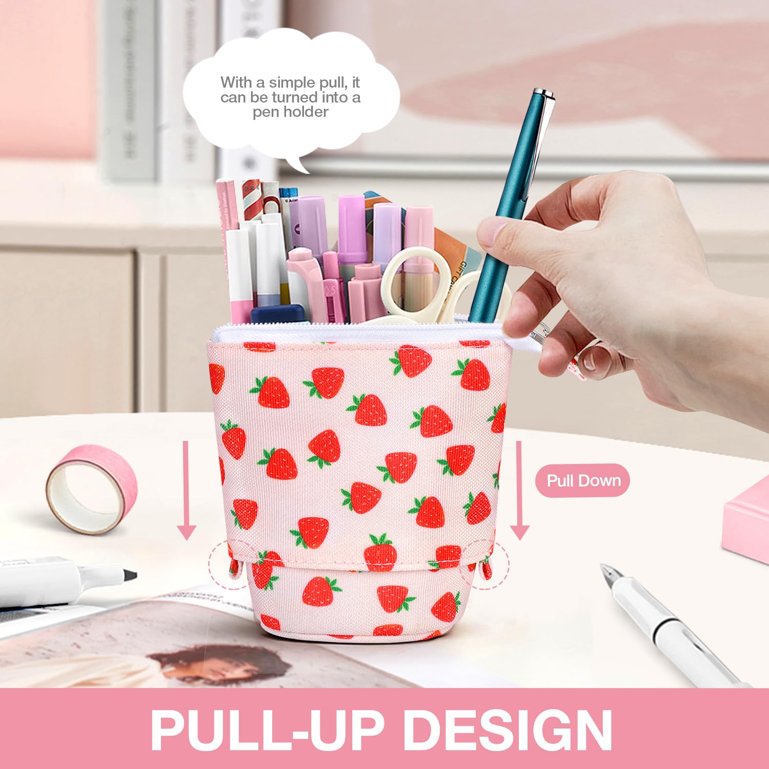 Kawaii Standing Pencil Case for Kids - Bubble Tea Pen Holder & Makeup Pouch (Strawberry) for School & Office