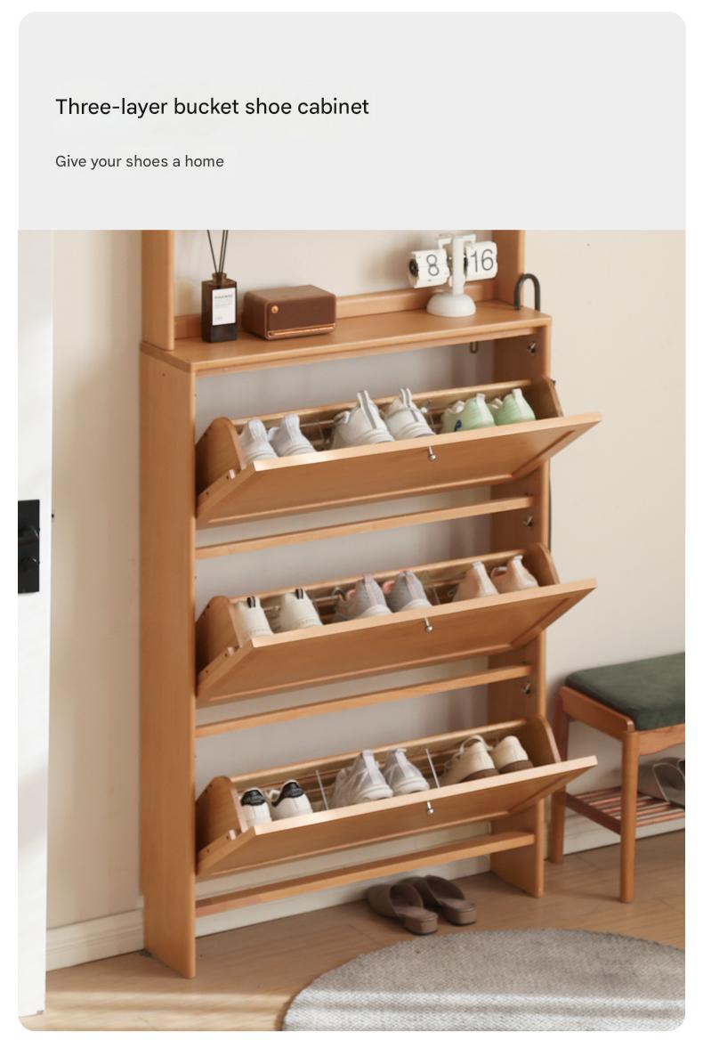 Beech Solid Wood Ultra Thin Flip Shoe Cabinet - Space Saving Shoe Storage for Entryway, Closet & Small Apartments