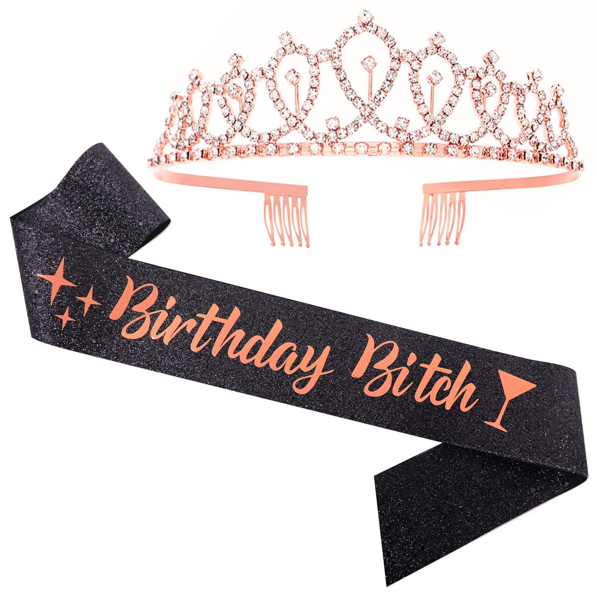 Birthday Sash & Rhinestone Tiara Set - Black Glitter Birthday Sash with Rose Gold Crown | Elegant Birthday Gifts for Women | Perfect for Birthday Parties, Bachelorette Celebrations & Special Occasions