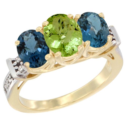 10K Yellow Gold Natural Peridot & London Blue Topaz Three-Stone Ring with Oval Diamond Accents - Size 5 to 10 - Elegant Birthstone Jewelry for Anniversary, Engagement & Special Occasions