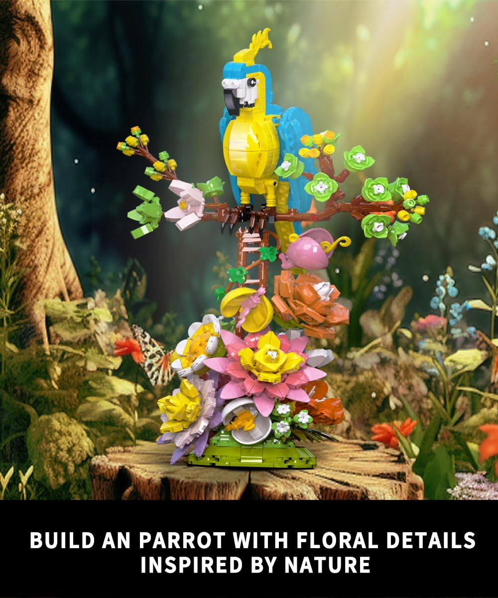1162pcs Flowers and Parrot Building Blocks Set - Compatible with Lego Botanical Collection, Cute Bird & Succulent Plants - Perfect Gift for Valentine's Day, Mother's Day & Anniversary - Creative Home Decor & Relaxing DIY Project