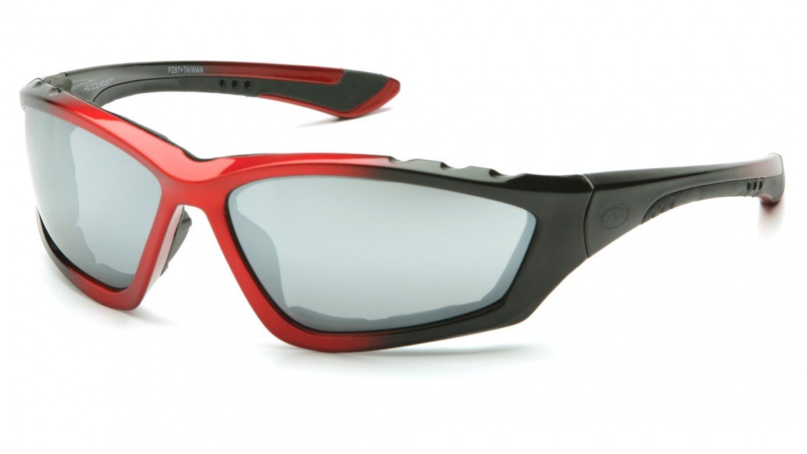 12-Pair Pyramex Accurist Safety Glasses - Black/Red Padded Frame with Silver Mirror Lens (SBR8770DP) - ANSI Z87.1 Certified for Construction, Woodworking & DIY Projects