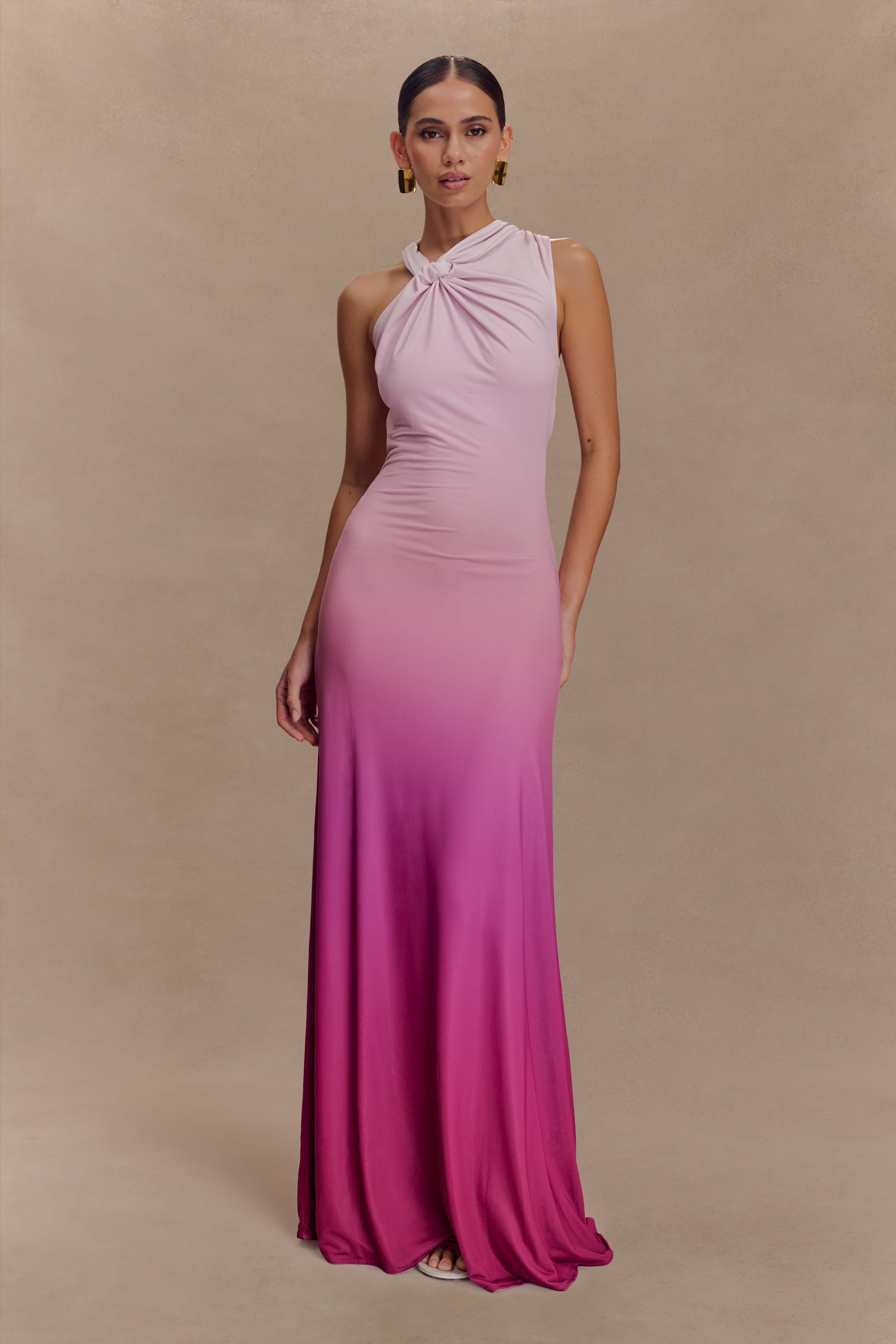 Marlee Asymmetrical Slinky Maxi Dress - Ombre Pink | Women's Elegant Evening Gown for Party, Wedding & Special Occasions