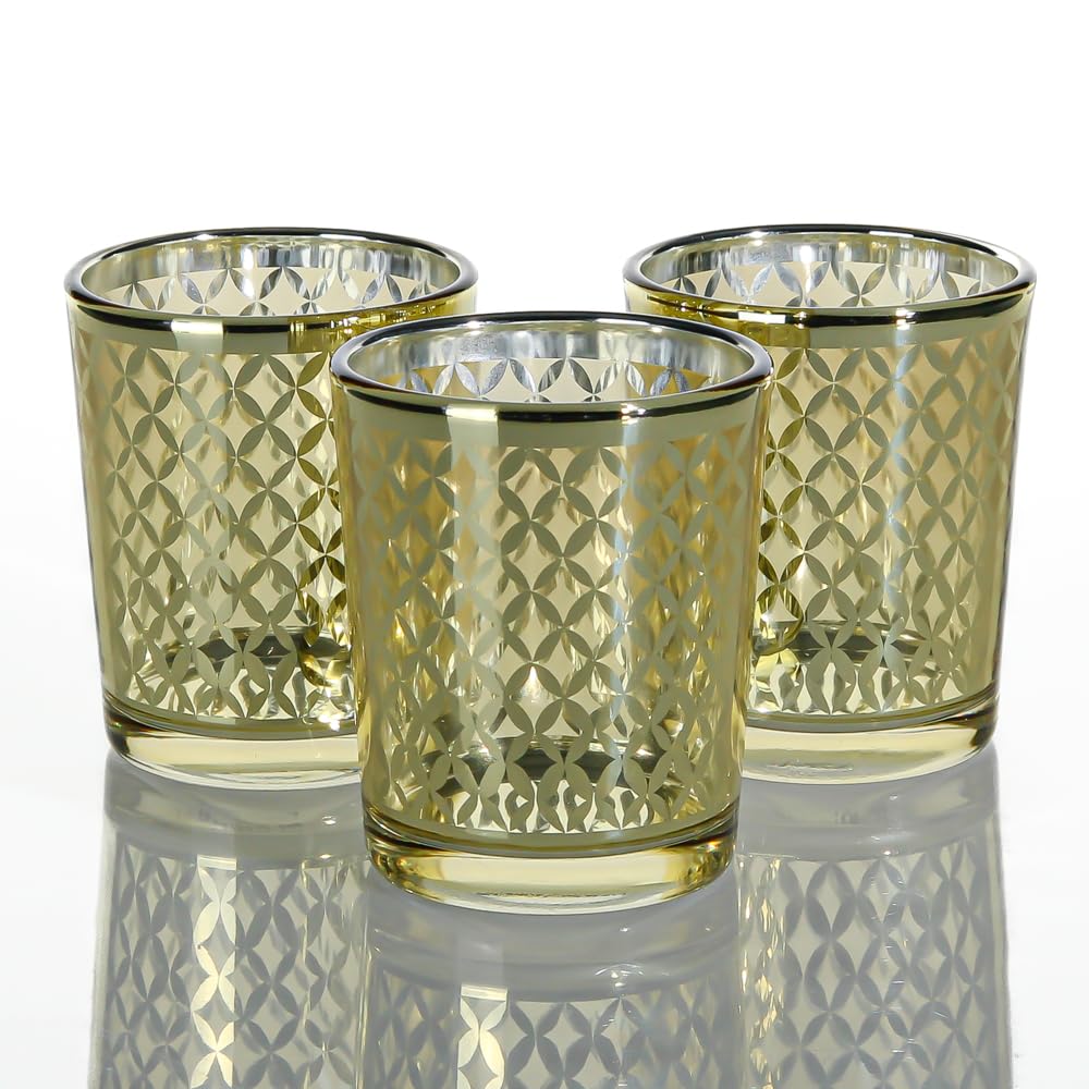 Richland Lattice Gold Metallic Glass Candle Holders - Set of 72 Small Decorative Tea Light Candle Holders for Wedding Centerpieces, Party Decor, Home Decor and Tabletop Decorations