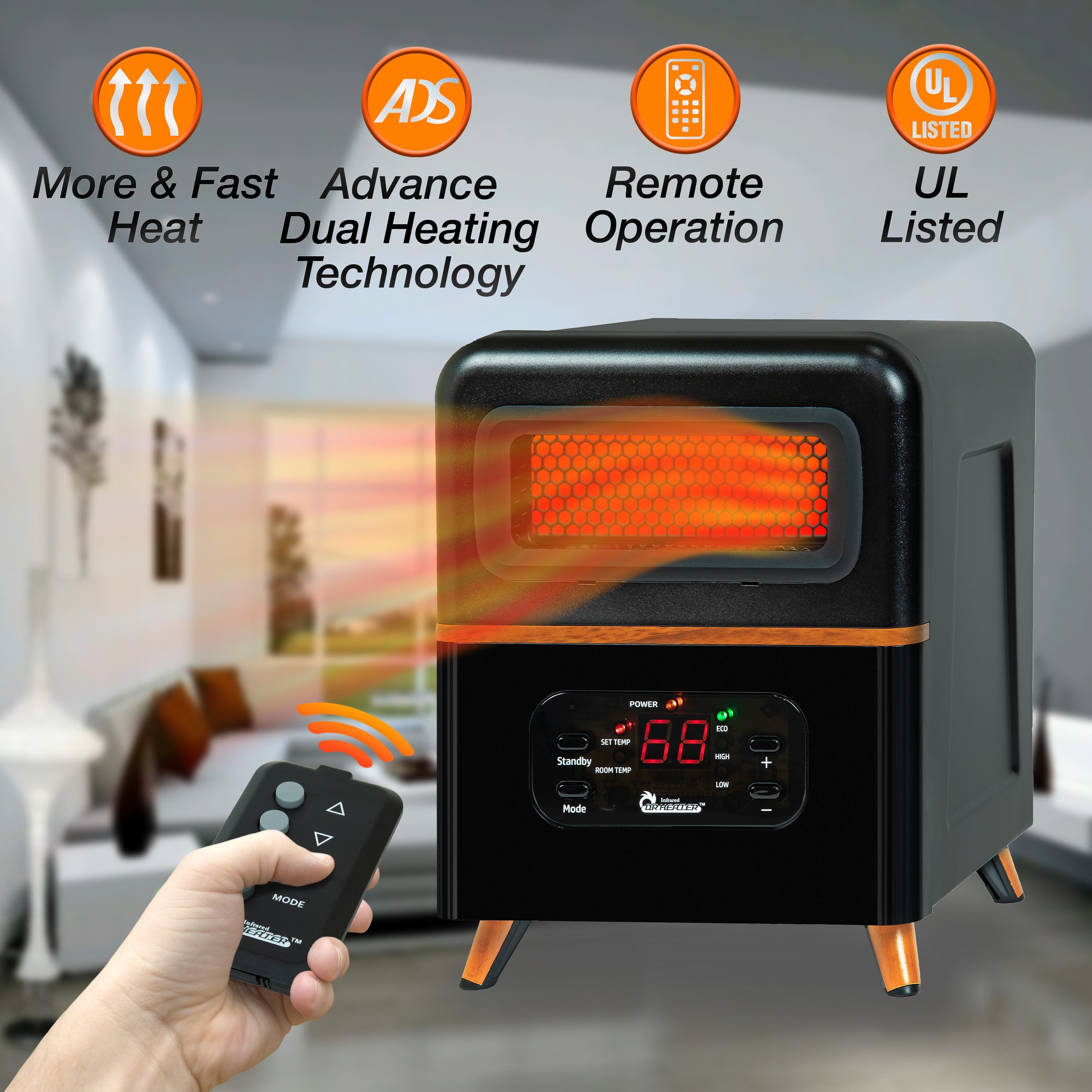 Dr Infrared Heater DR-978 1500W Dual Heating Hybrid Space Heater with Remote Control - Perfect for Bedroom, Office & Indoor Heating