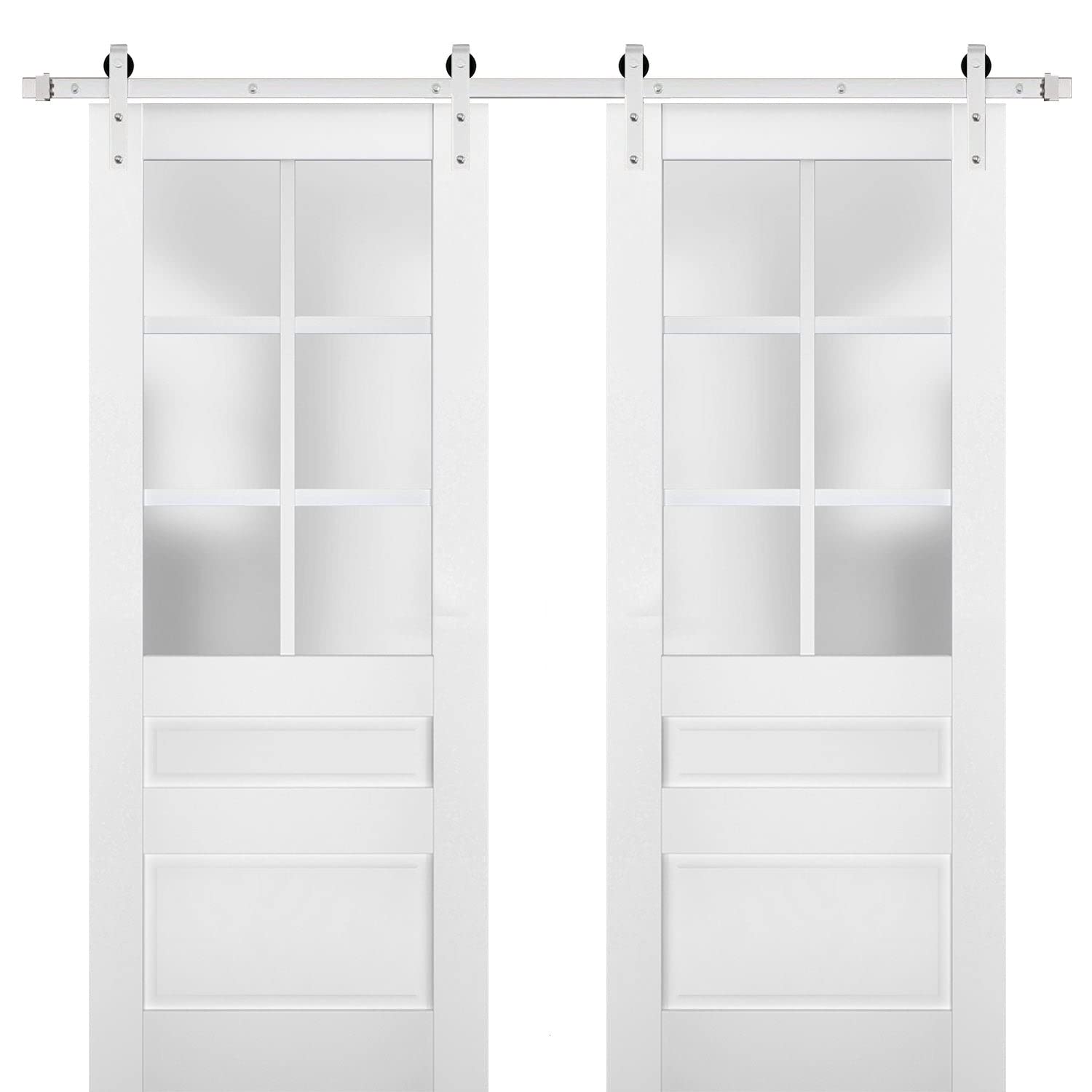 Sturdy 60x84 Inch Double Barn Doors with Frosted Glass - White Silk Finish & Stainless Steel 13ft Rail Hangers | Solid Panel Interior Doors for Home, Office, or Farmhouse Style Décor