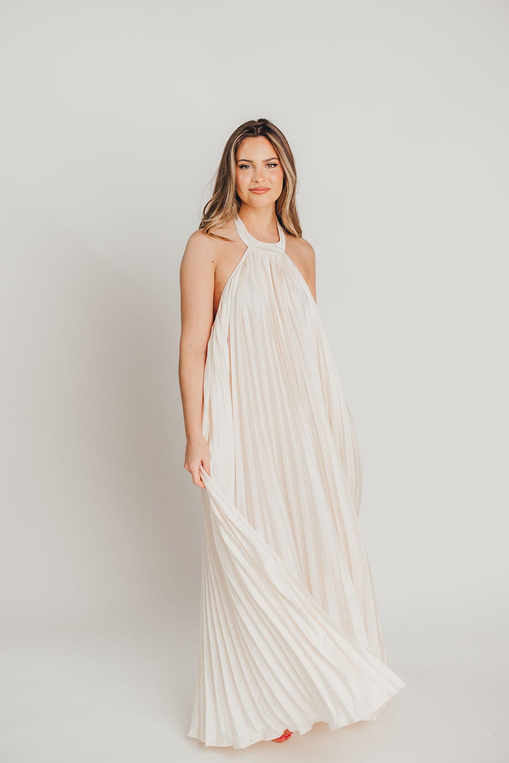 Maren Pleated Halter Maxi Dress in Cream | Bump Friendly Maternity Dress | Perfect for Baby Showers, Beach Vacations & Summer Weddings