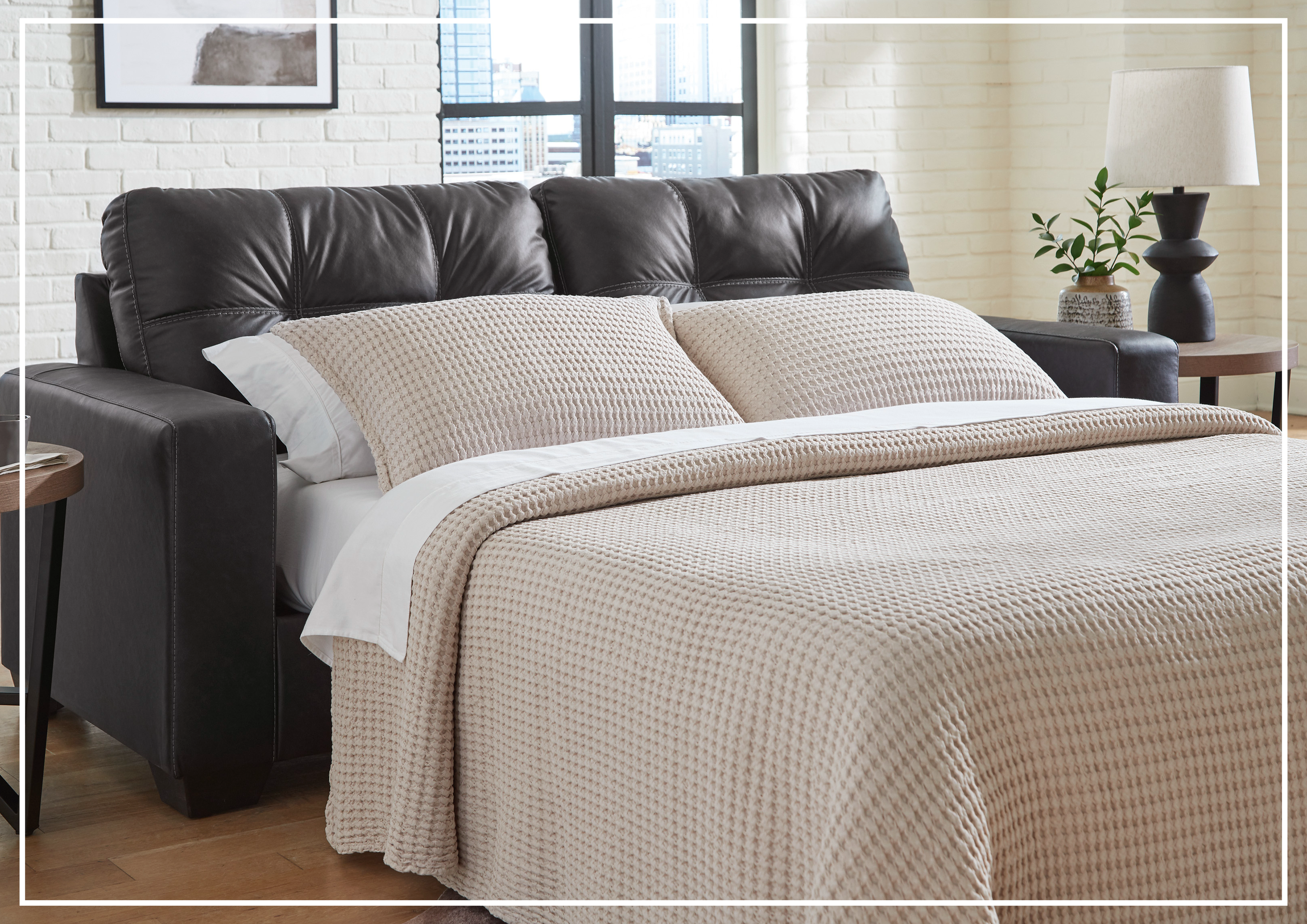 Gio Italia Bellagio Fabric Queen Faux Leather Sleeper Sofa Bed - Convertible Comfortable Modern Sofa for Small Spaces, Living Room, Guest Room & Apartment