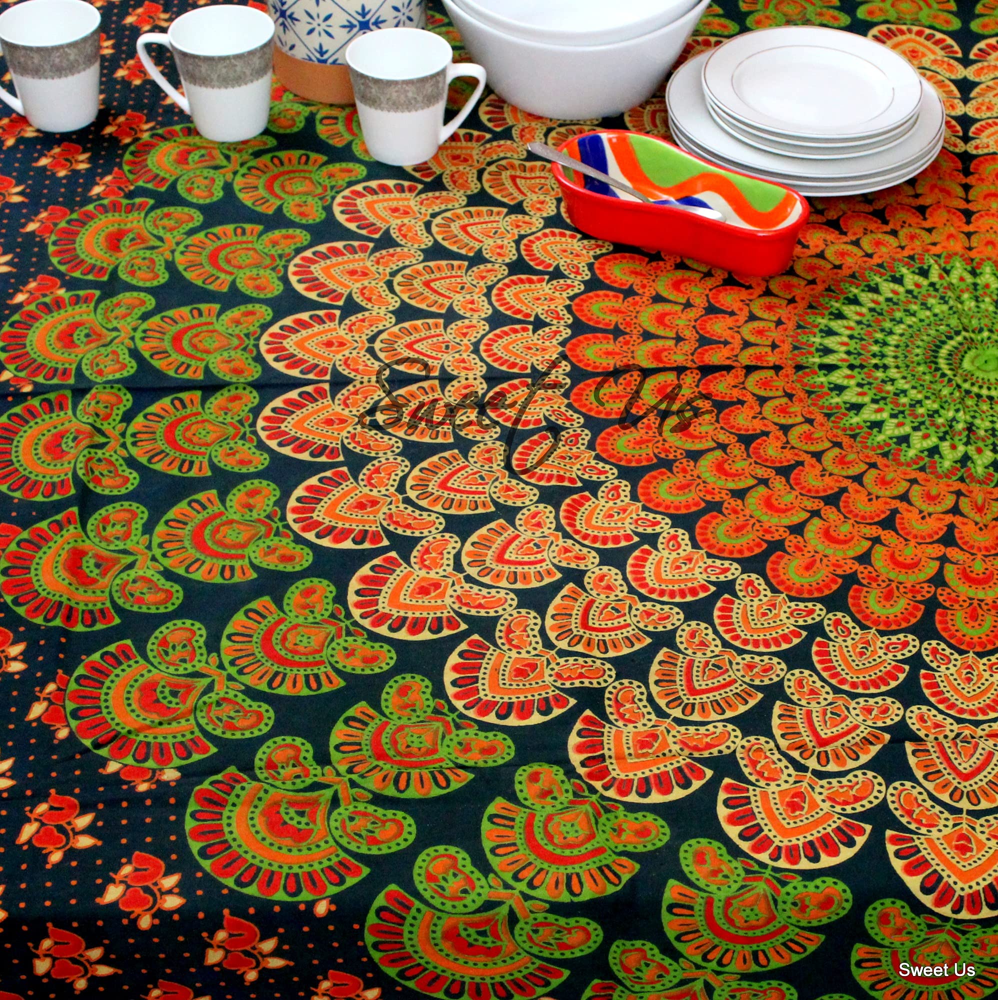 Premium Cotton Floral Tablecloth for Rectangle Tables - Peacock Green Orange Rust Gold Design - 54 x 84 Inch Washable Table Cover for Dining Room, Kitchen, Patio & Outdoor Events