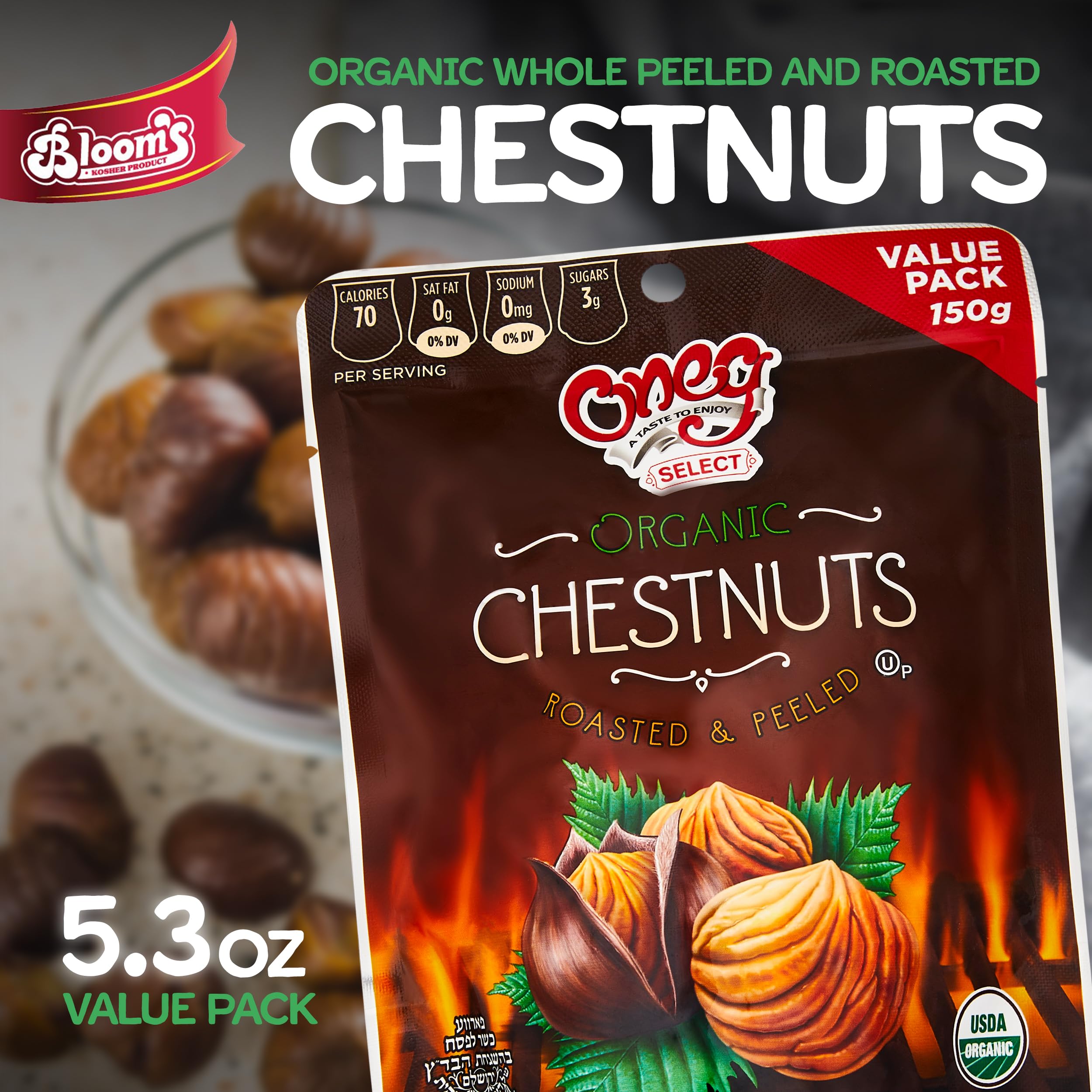 Organic Roasted & Peeled Chestnuts - Healthy Gluten-Free Vegan Snack, Ready to Eat, No Sodium or Sugar Added, 12 Pack (63.6oz) - Perfect for Hiking, Camping & Healthy On-the-Go Snacking