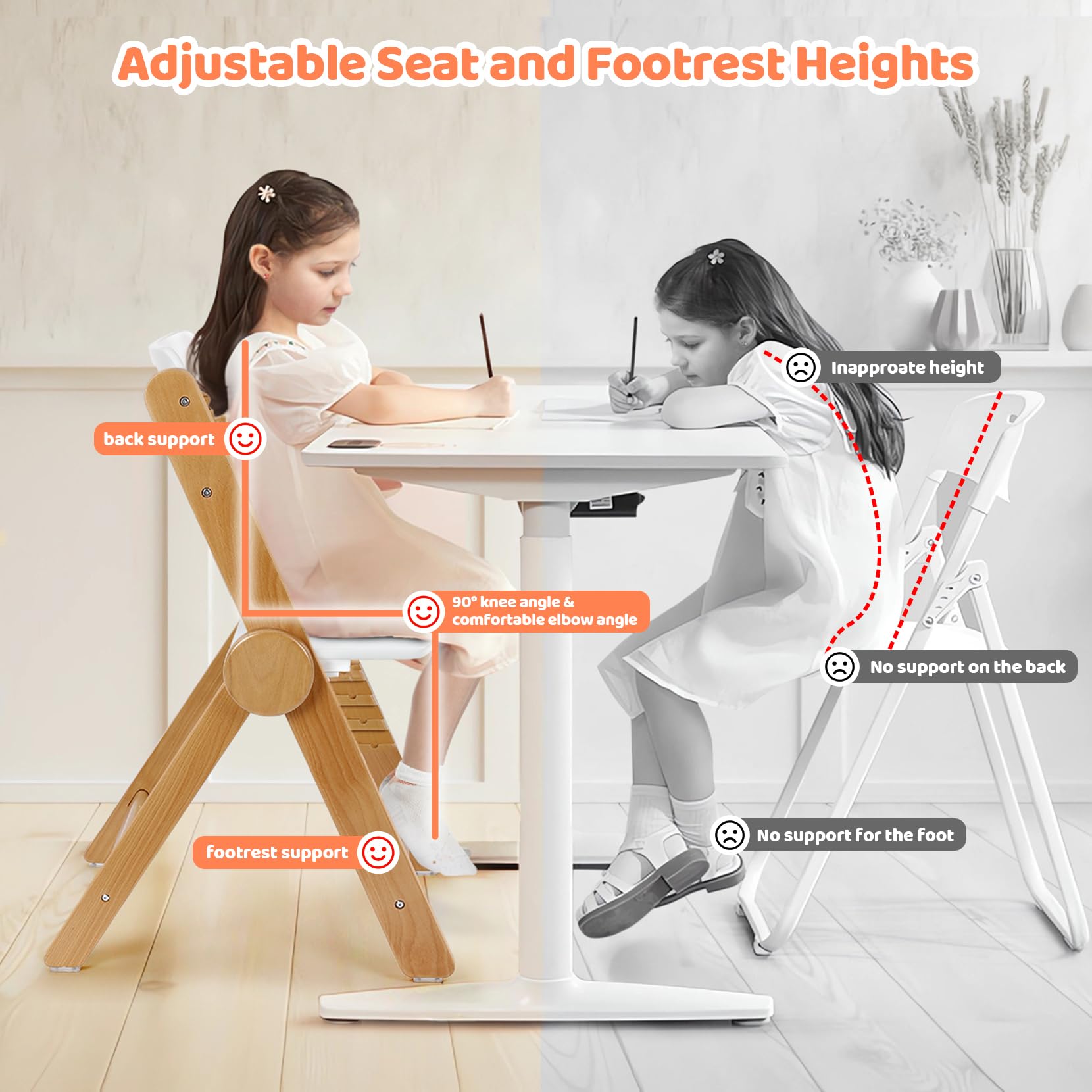 Ezebaby Adjustable Wooden High Chair for Babies & Toddlers - Foldable, Convertible with Cushion & Double Layer Tray - White - Perfect for Dining, Feeding & Learning at Home
