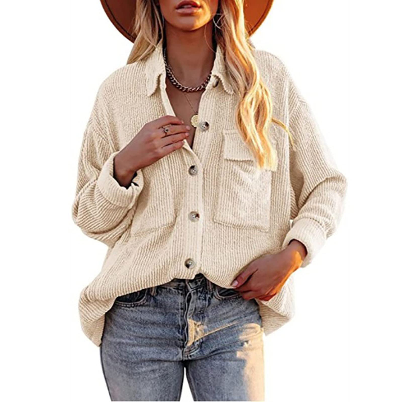 FMCHICO Women's Corduroy Long Sleeve Button Down Shirt - Oversized Jacket Top for Casual Wear, Work Office & Fall Layering